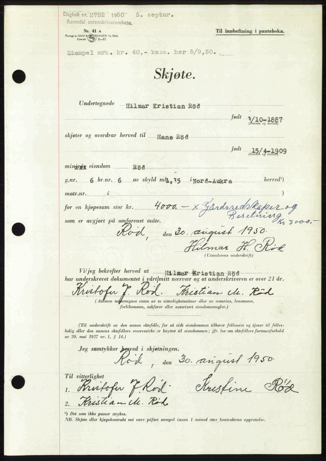 Romsdal sorenskriveri, AV/SAT-A-4149/1/2/2C: Pantebok nr. A34, 1950-1950, Dagboknr: 2752/1950