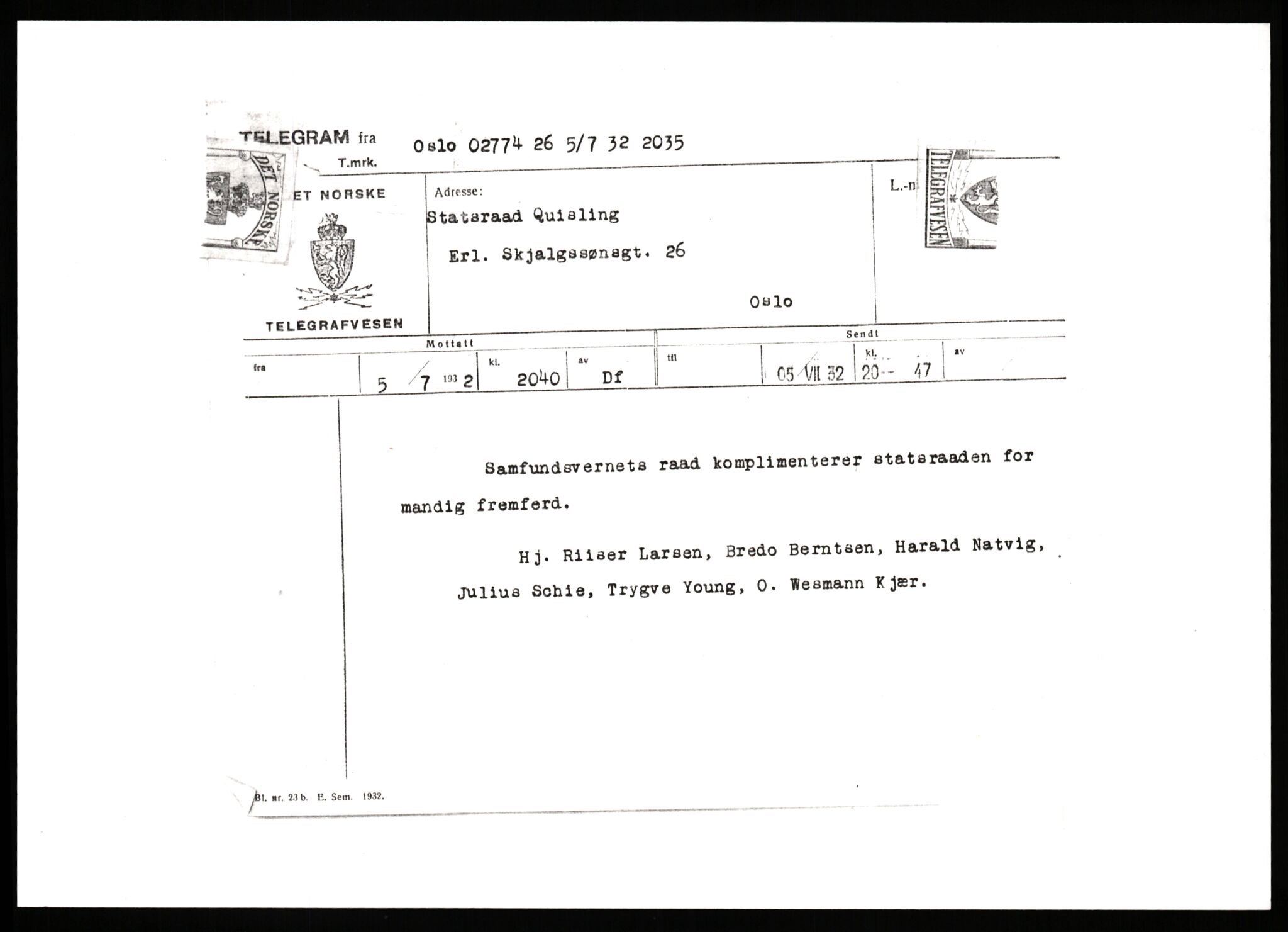 Quisling, Vidkun, AV/RA-PA-0750/G/Gf/L0001: Brev mv. til Vidkun Quisling, 1930-1938, s. 282