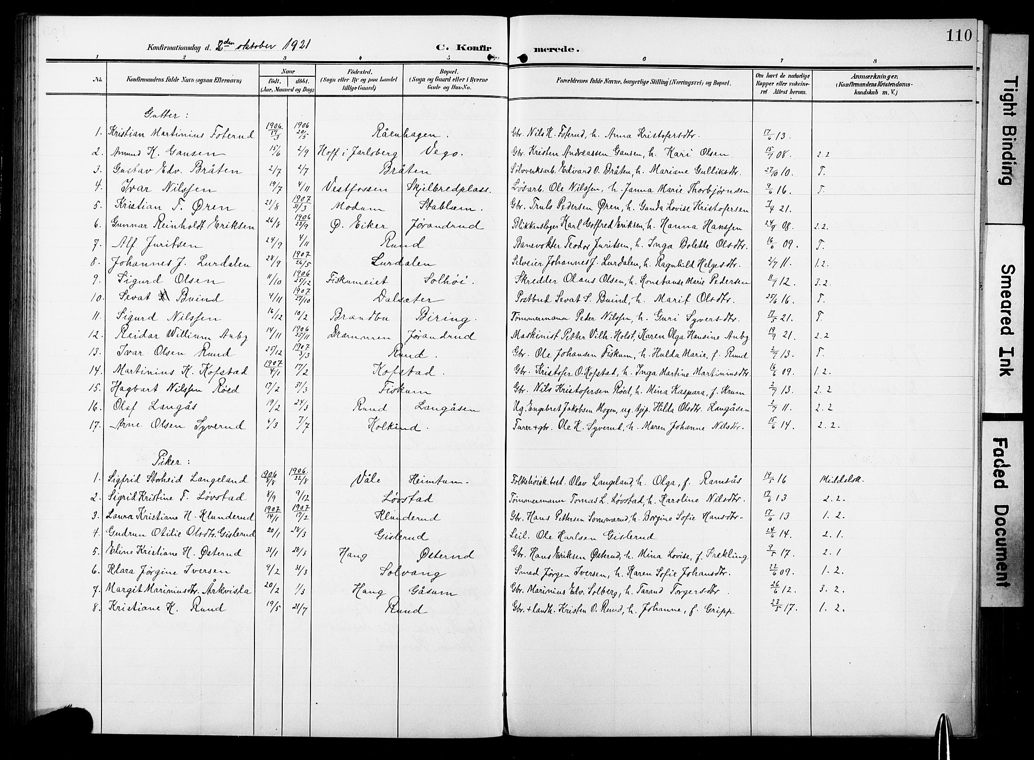 Fiskum kirkebøker, AV/SAKO-A-15/F/Fa/L0004: Ministerialbok nr. 4, 1906-1924, s. 110