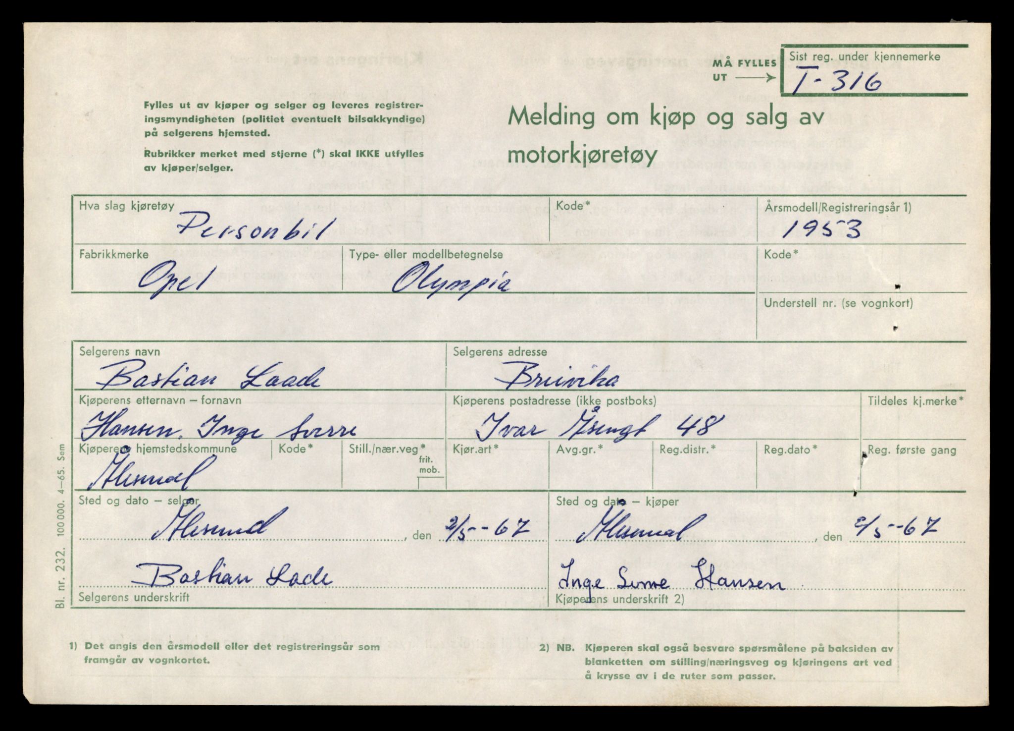 Møre og Romsdal vegkontor - Ålesund trafikkstasjon, SAT/A-4099/F/Fe/L0003: Registreringskort for kjøretøy T 232 - T 340, 1927-1998, s. 3070