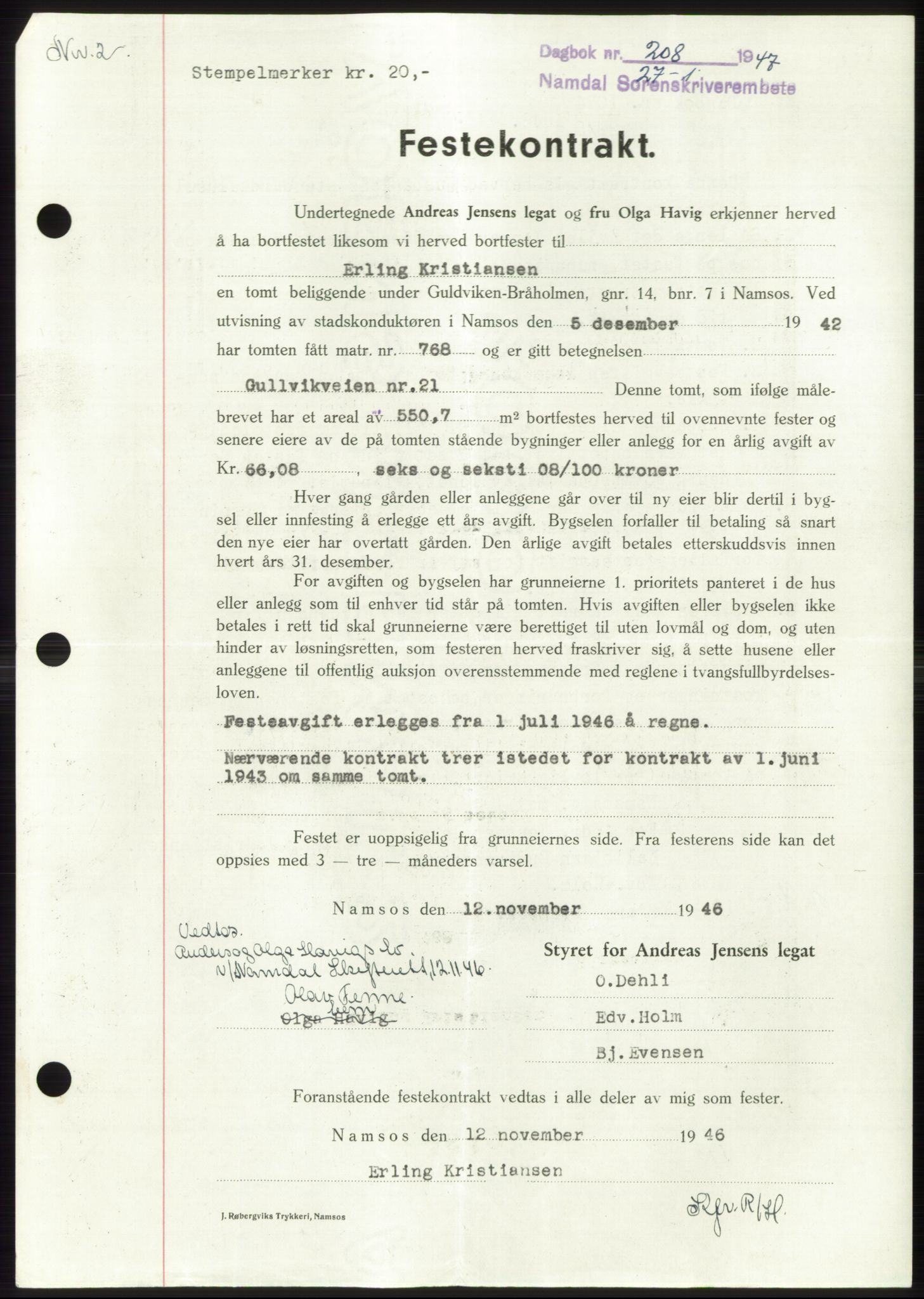 Namdal sorenskriveri, SAT/A-4133/1/2/2C: Pantebok nr. -, 1946-1947, Dagboknr: 208/1947