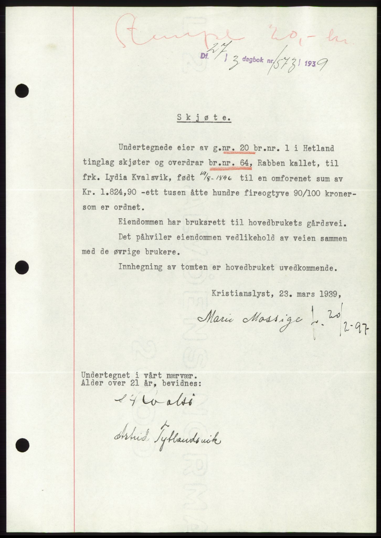 Jæren sorenskriveri, SAST/A-100310/03/G/Gba/L0073: Pantebok, 1939-1939, Dagboknr: 1573/1939