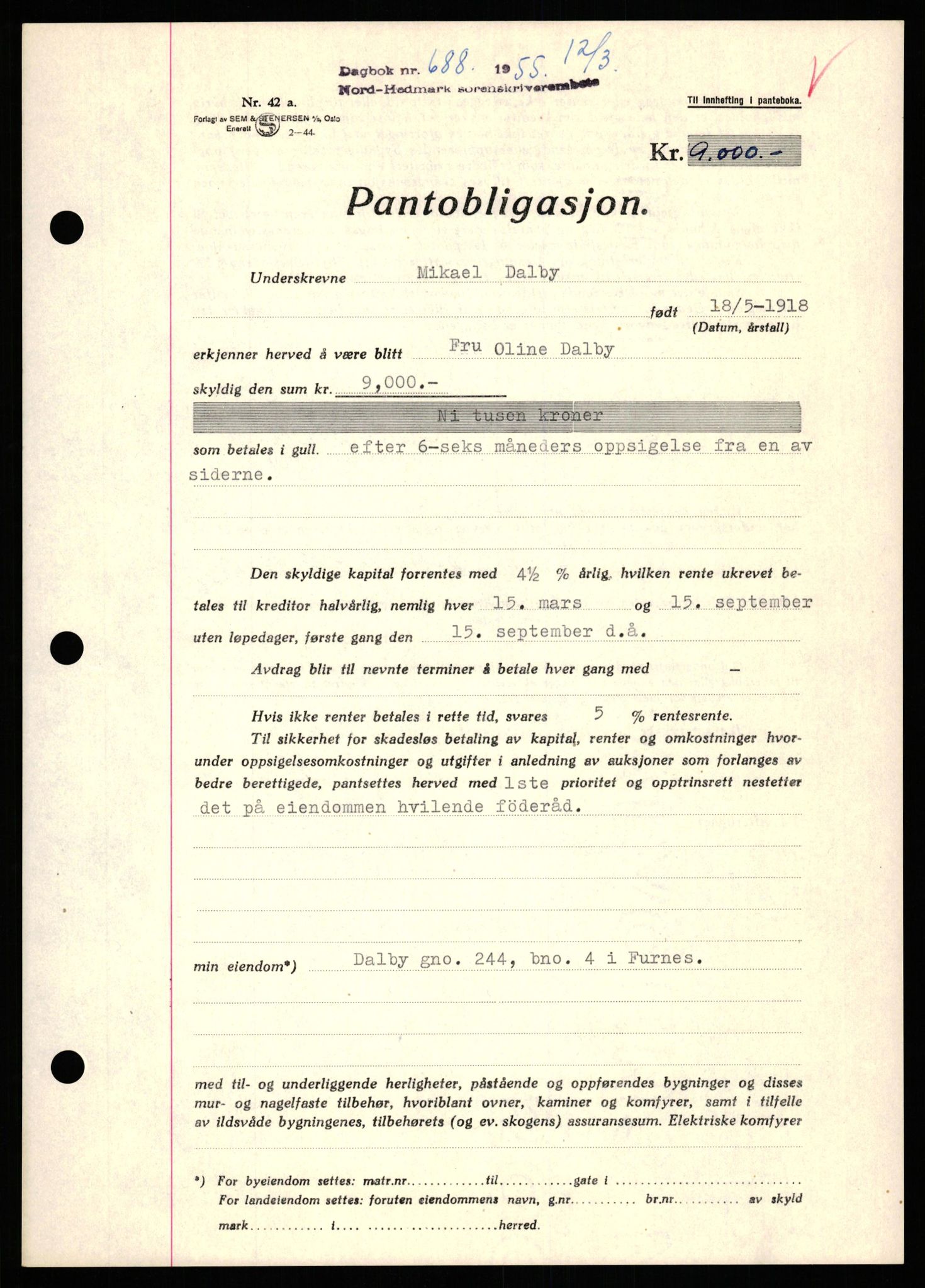 Nord-Hedmark sorenskriveri, SAH/TING-012/H/Hb/Hbf/L0032: Pantebok nr. B32, 1955-1955, Dagboknr: 688/1952