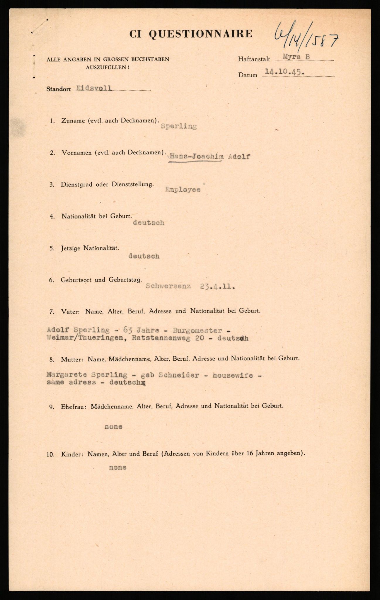 Forsvaret, Forsvarets overkommando II, AV/RA-RAFA-3915/D/Db/L0032: CI Questionaires. Tyske okkupasjonsstyrker i Norge. Tyskere., 1945-1946, s. 213