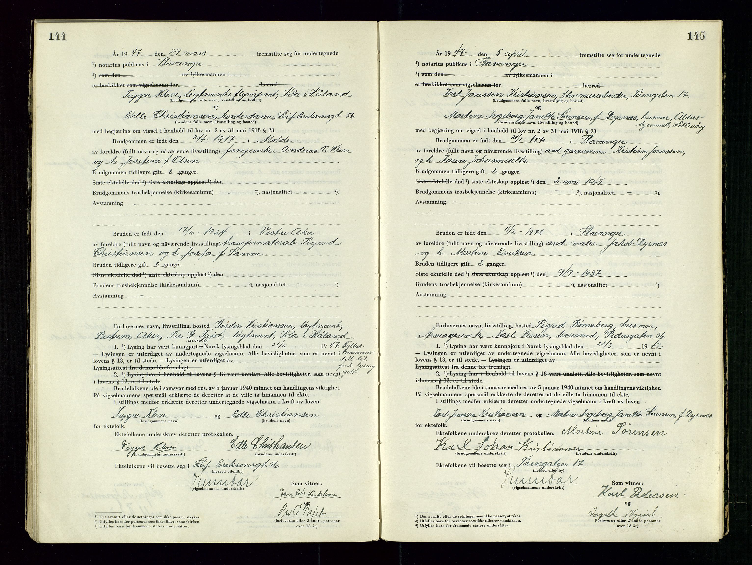 Stavanger byrett, AV/SAST-A-100455/001/6/62/62B/L0011: Vigselsprotokoll, 1946-1947, s. 144-145
