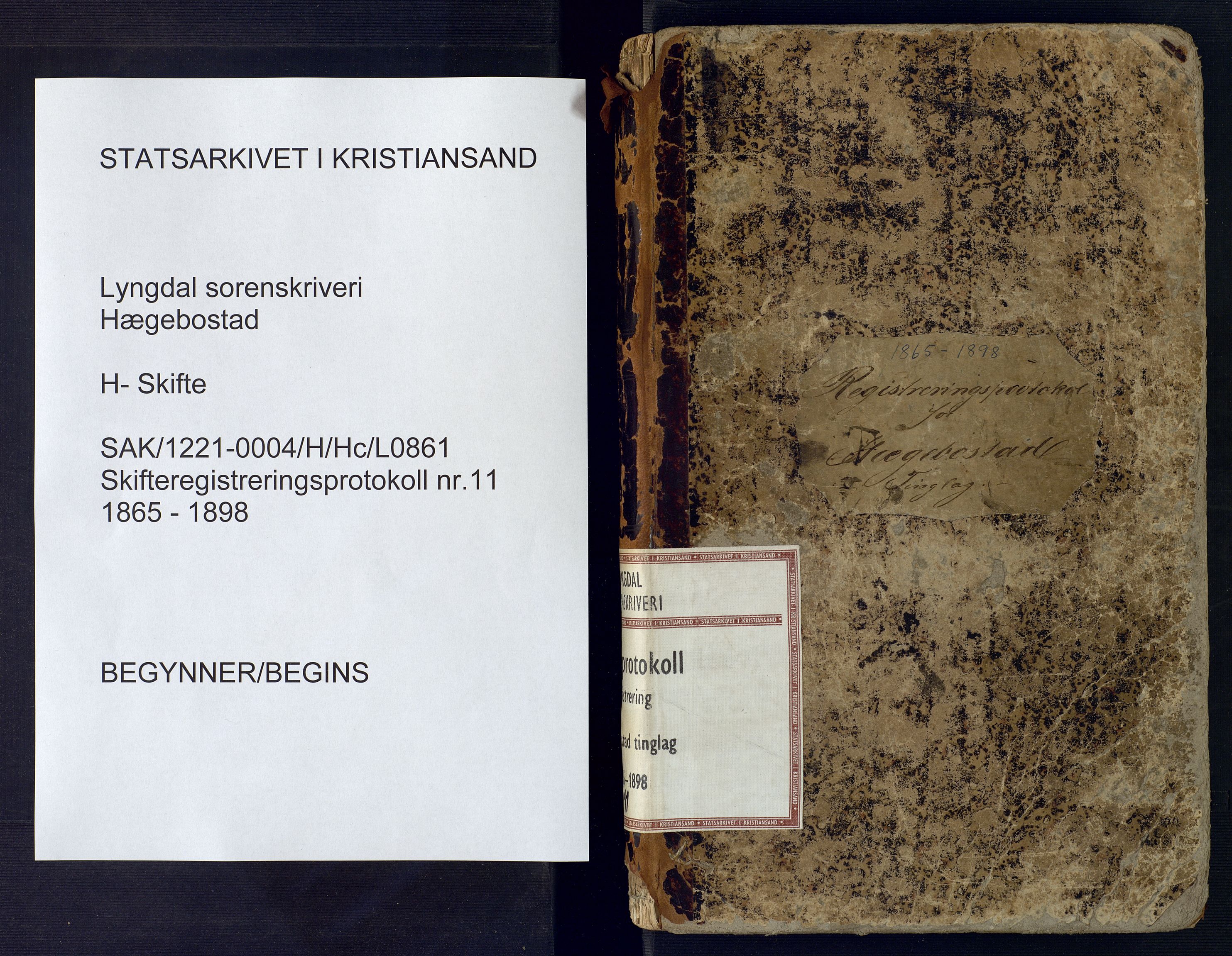Lyngdal sorenskriveri, SAK/1221-0004/H/Hc/L0861: Skifteregistreringsprotokoll nr. 11, Hægebostad tinglag, 1865-1898