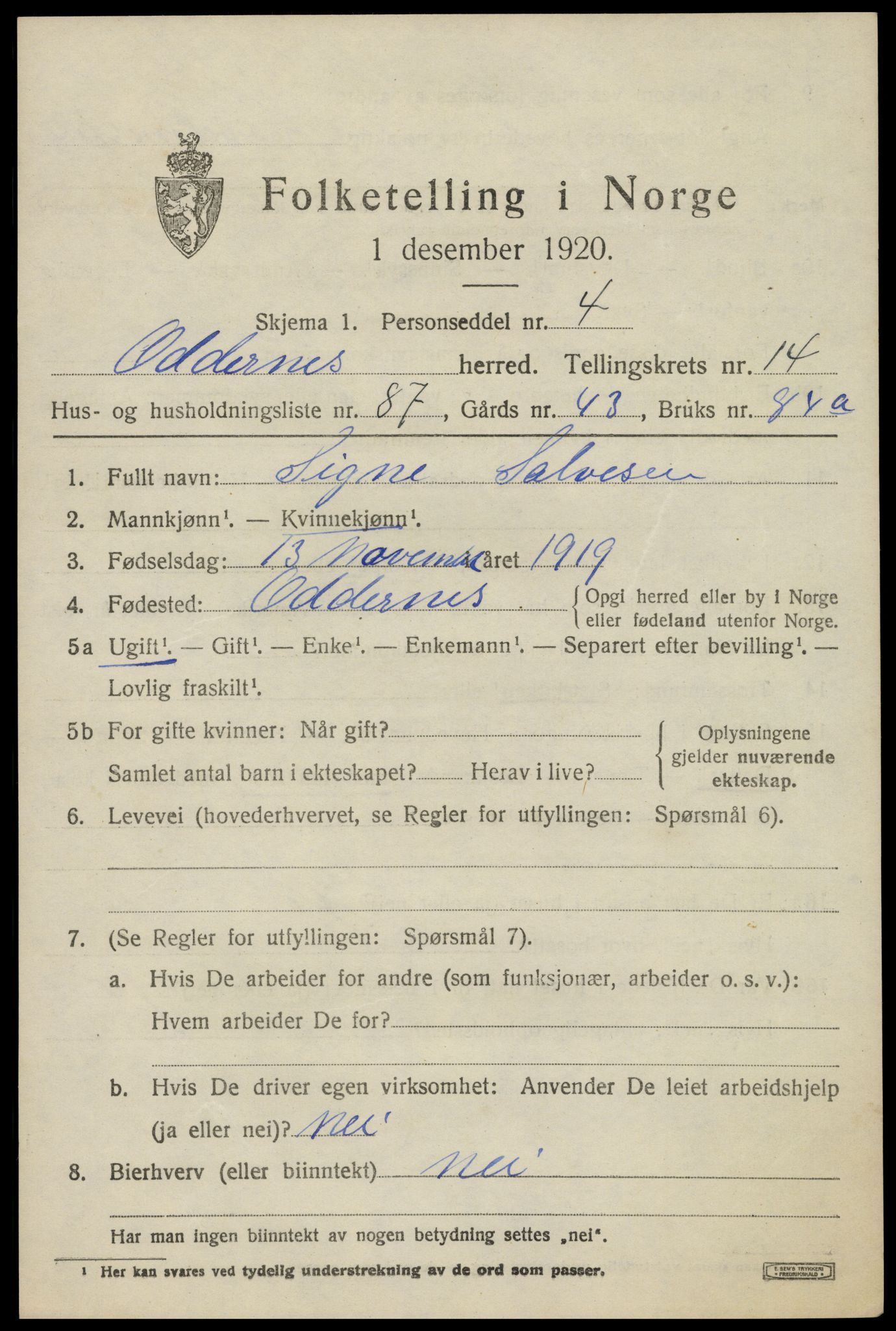SAK, Folketelling 1920 for 1012 Oddernes herred, 1920, s. 9627