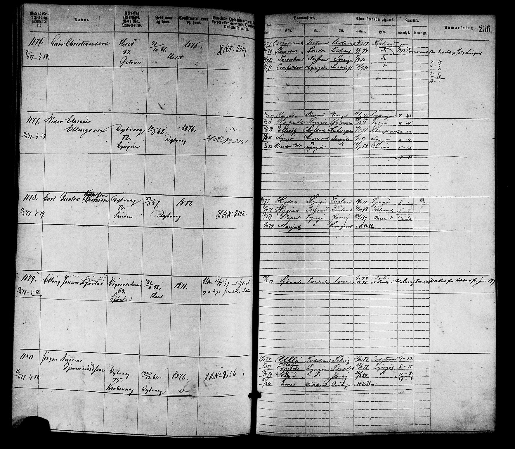 Tvedestrand mønstringskrets, SAK/2031-0011/F/Fa/L0001: Annotasjonsrulle nr 1-1905 med register, R-1, 1866-1886, s. 258