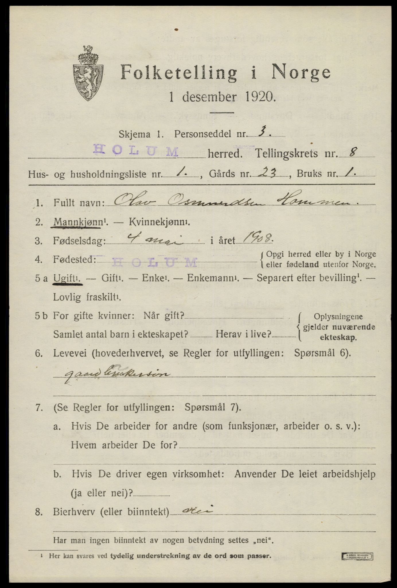 SAK, Folketelling 1920 for 1020 Holum herred, 1920, s. 2521