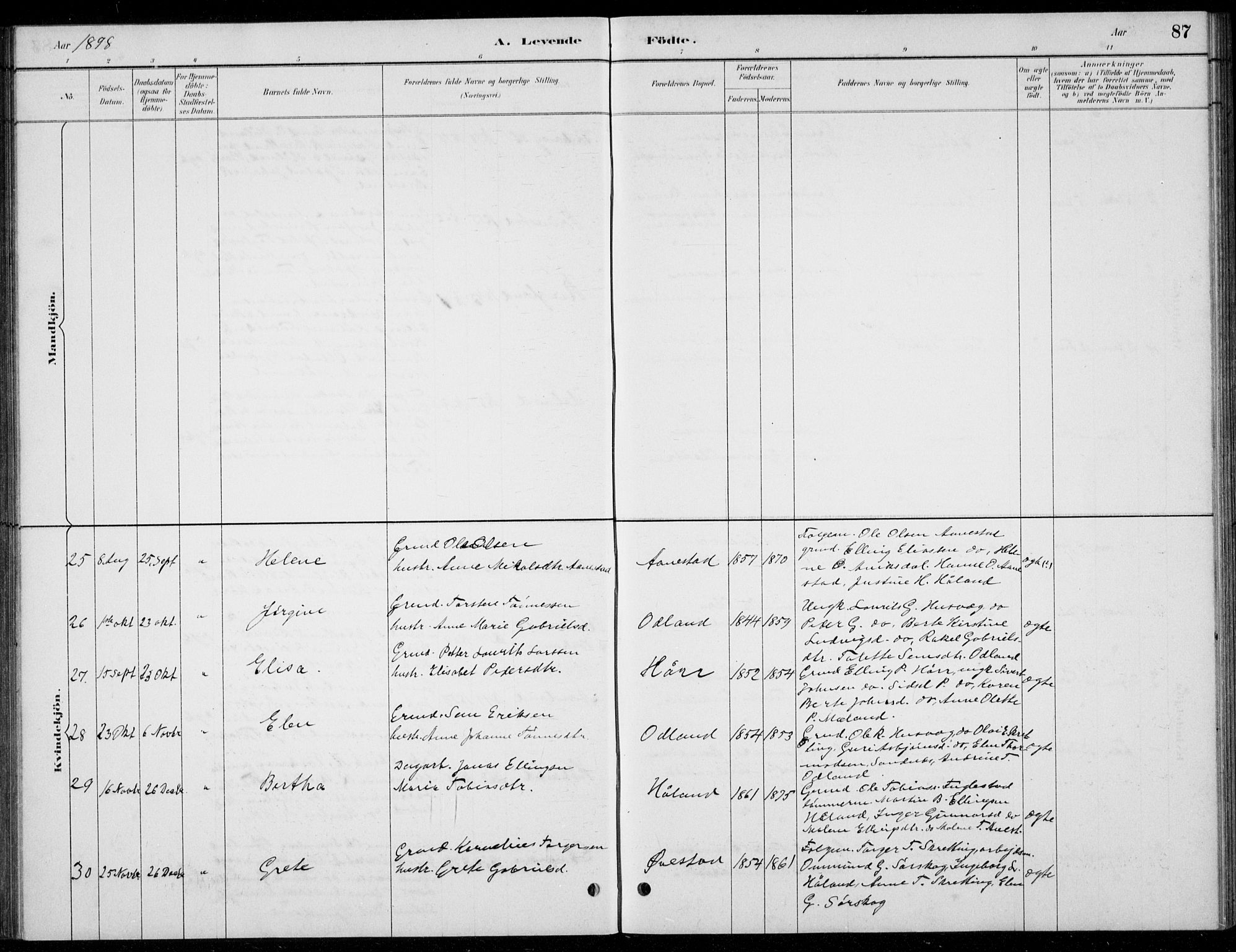 Hå sokneprestkontor, AV/SAST-A-101801/001/30BB/L0004: Klokkerbok nr. B 4, 1883-1899, s. 87