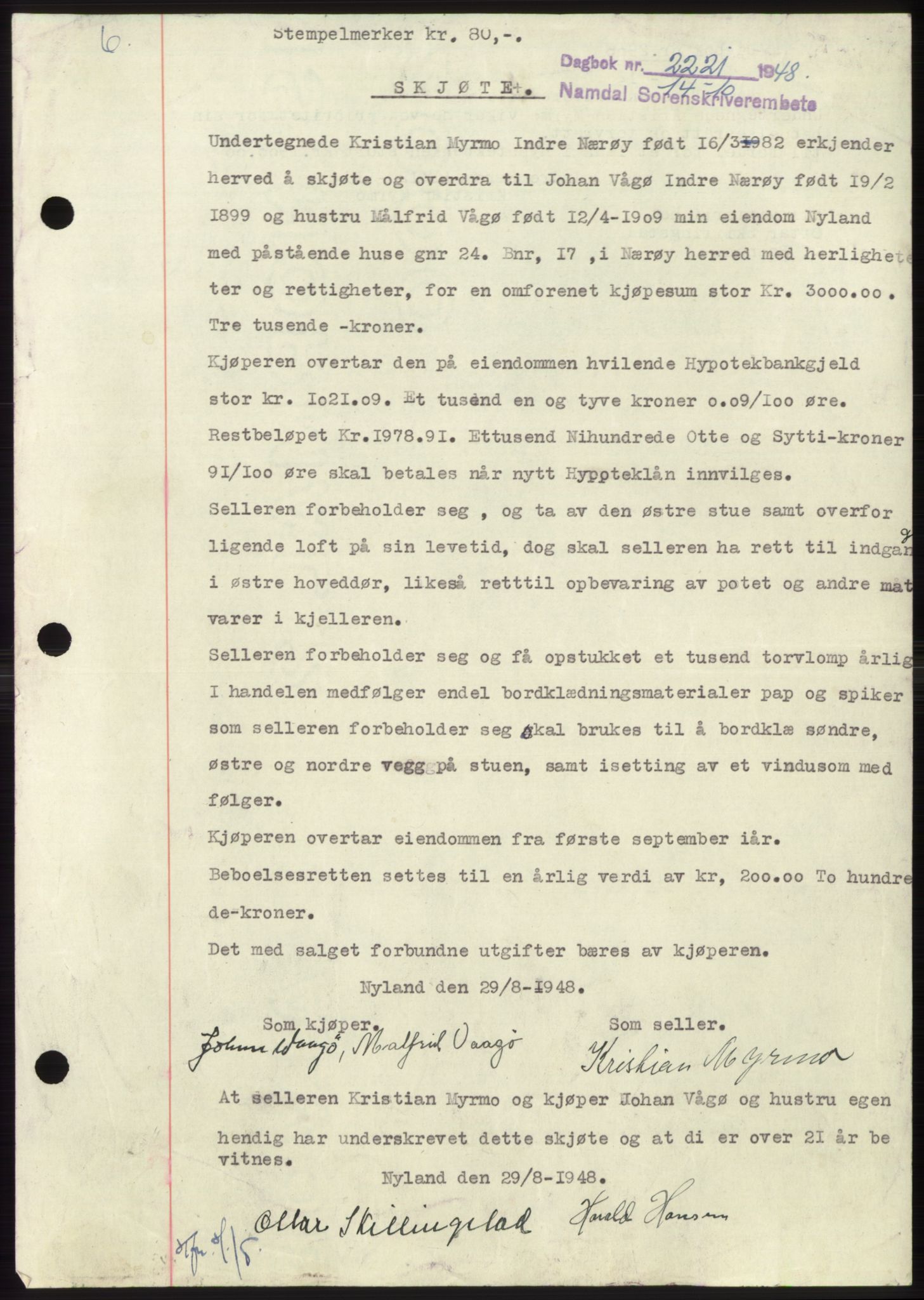 Namdal sorenskriveri, SAT/A-4133/1/2/2C: Pantebok nr. -, 1948-1948, Dagboknr: 2221/1948