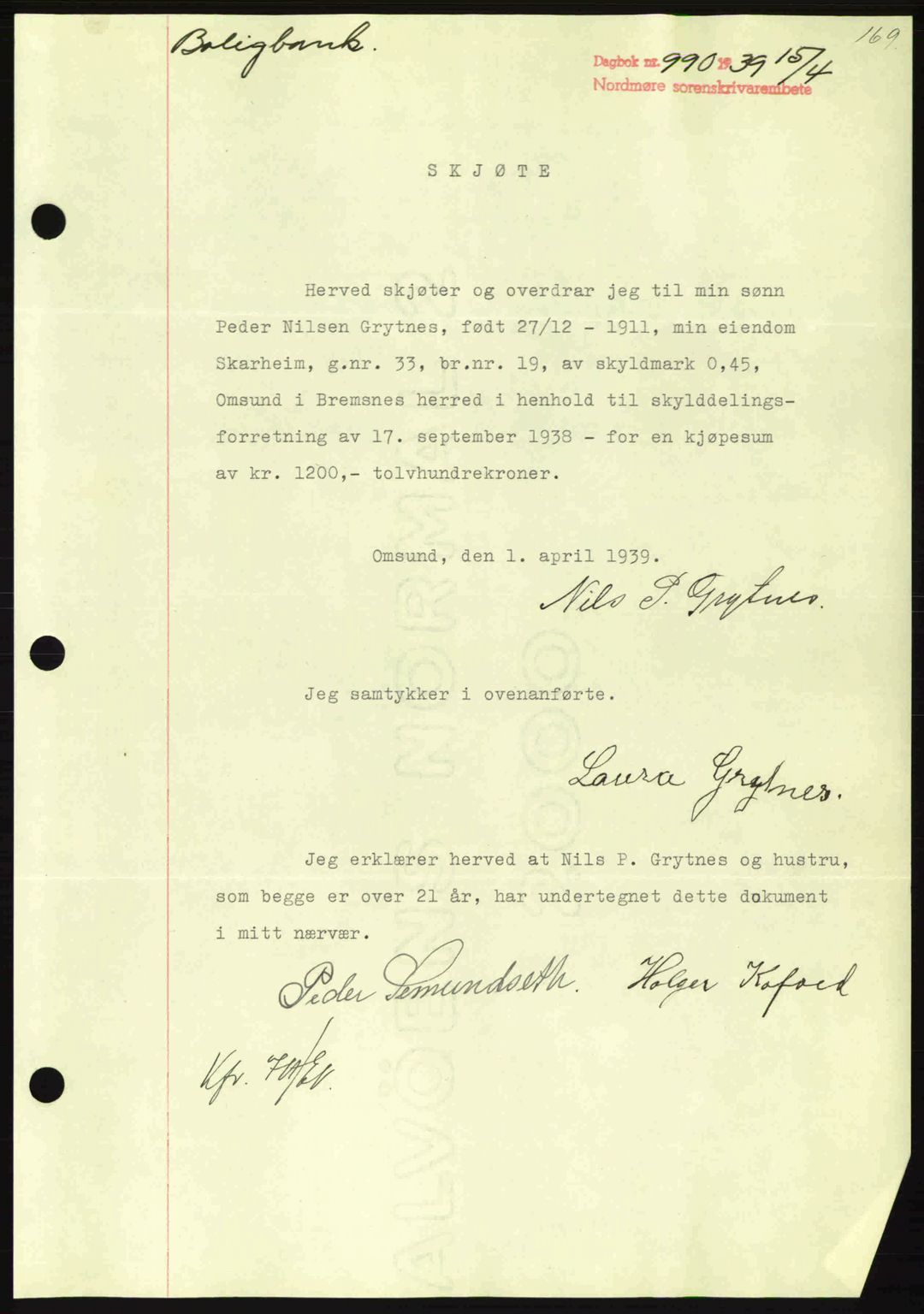 Nordmøre sorenskriveri, SAT/A-4132/1/2/2Ca: Pantebok nr. A86, 1939-1939, Dagboknr: 990/1939