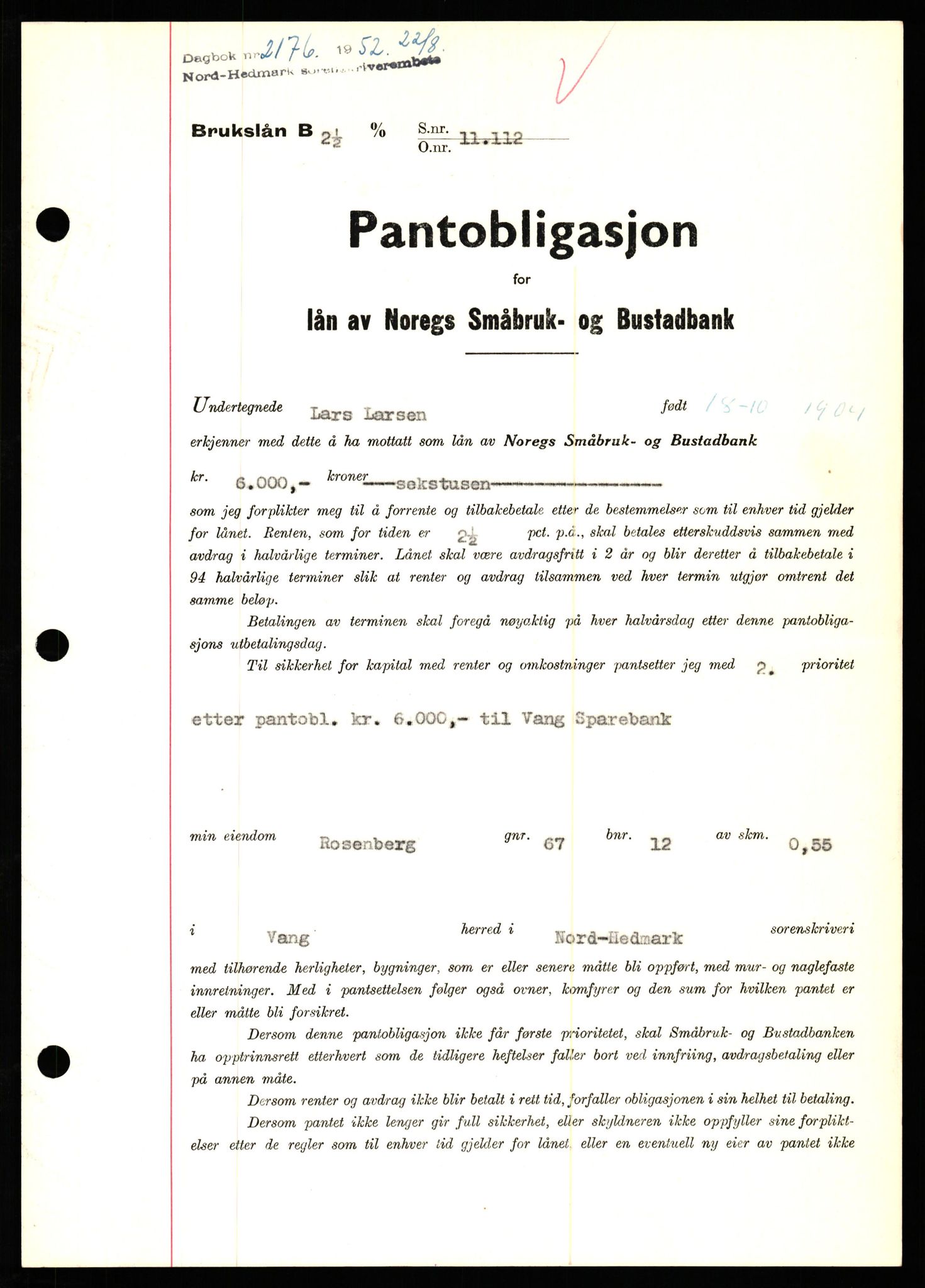 Nord-Hedmark sorenskriveri, SAH/TING-012/H/Hb/Hbf/L0025: Pantebok nr. B25, 1952-1952, Dagboknr: 2176/1952