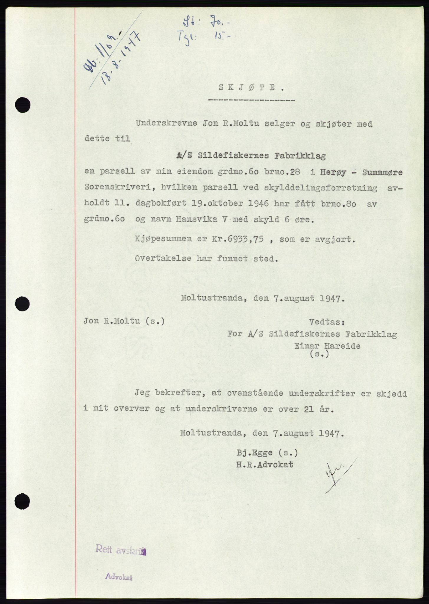 Søre Sunnmøre sorenskriveri, SAT/A-4122/1/2/2C/L0081: Pantebok nr. 7A, 1947-1948, Dagboknr: 1109/1947