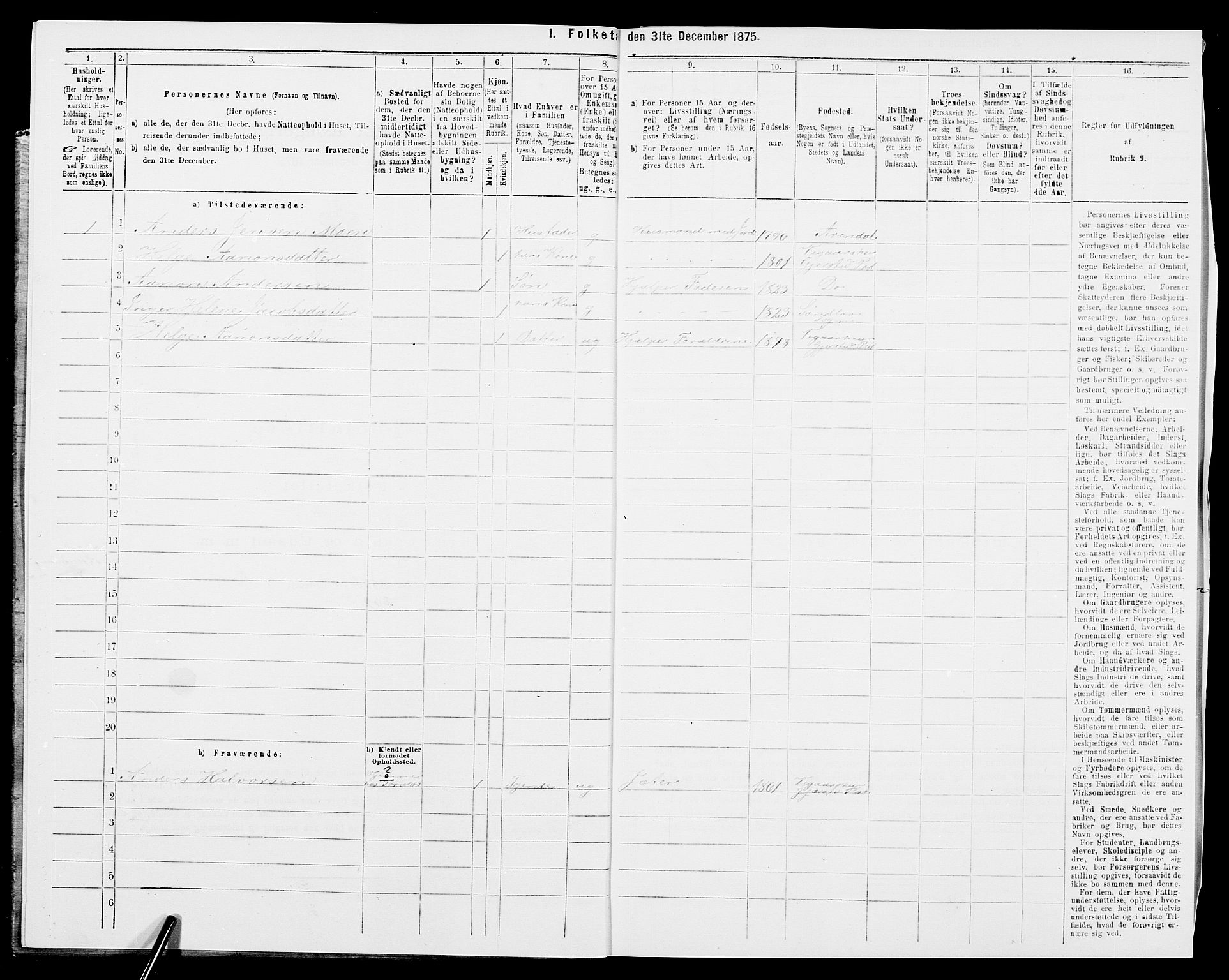 SAK, Folketelling 1875 for 0911P Gjerstad prestegjeld, 1875, s. 1020