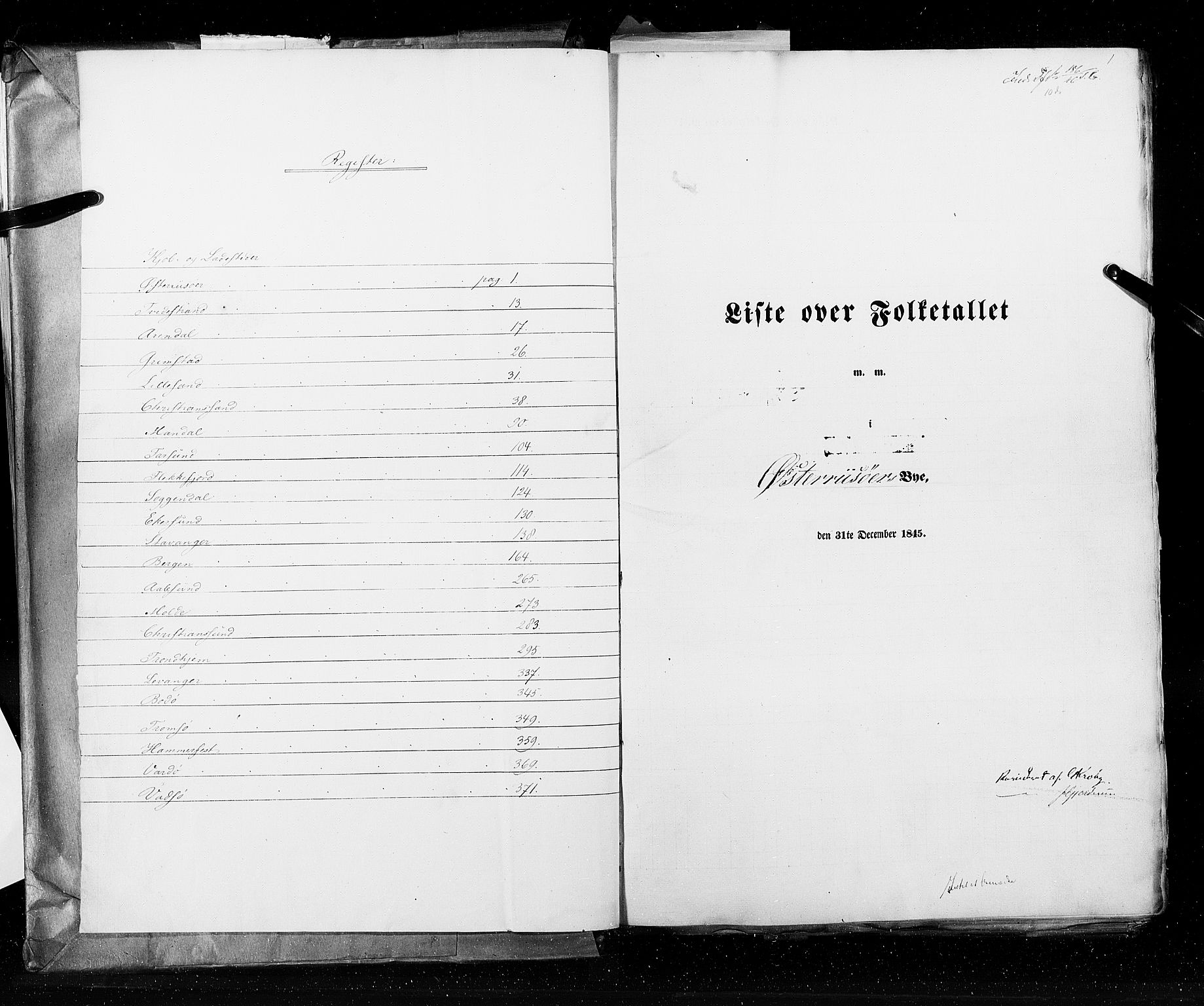 RA, Folketellingen 1845, bind 11: Kjøp- og ladesteder, 1845, s. 1