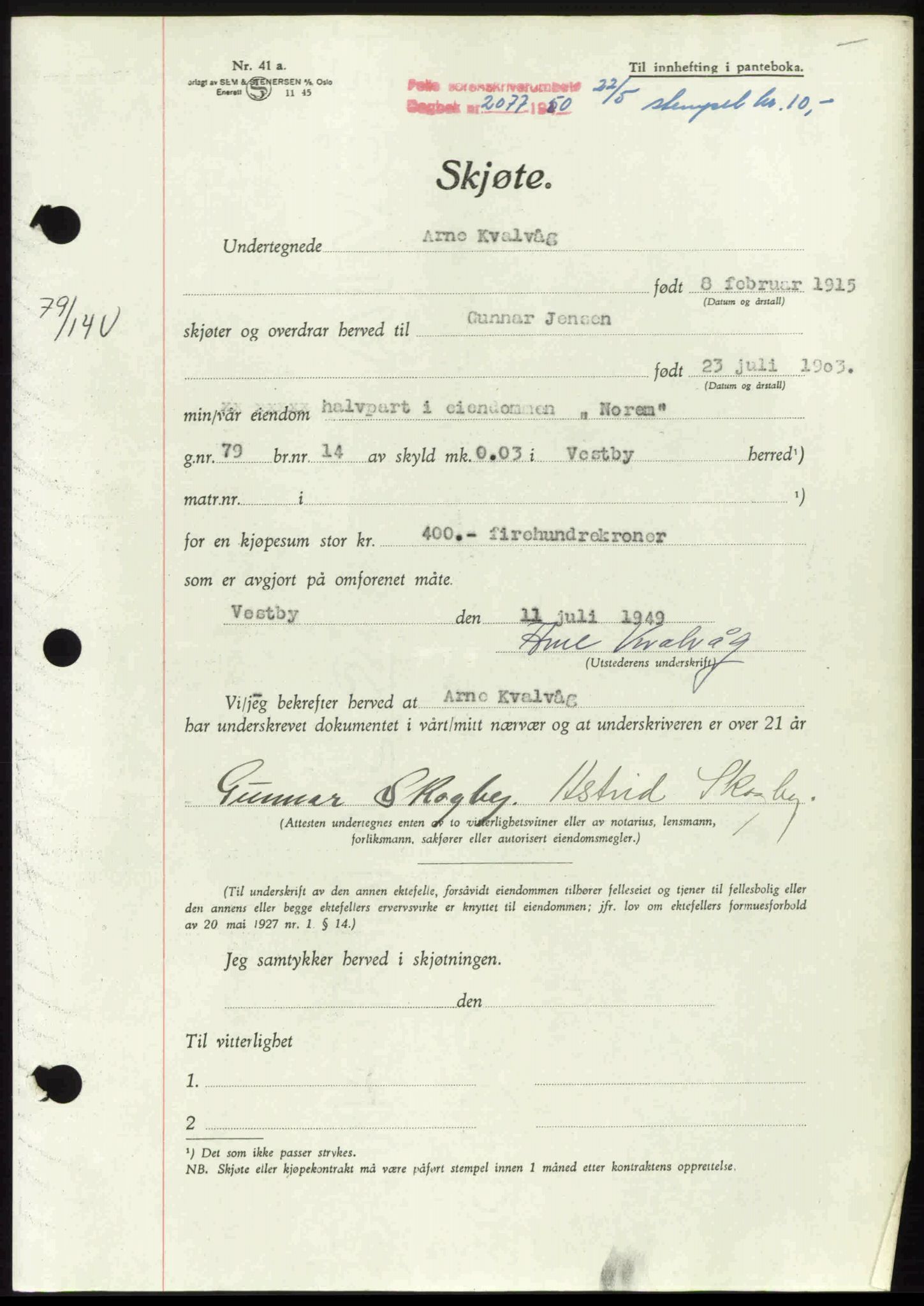 Follo sorenskriveri, SAO/A-10274/G/Ga/Gaa/L0092: Pantebok nr. I 92, 1950-1950, Dagboknr: 2077/1950