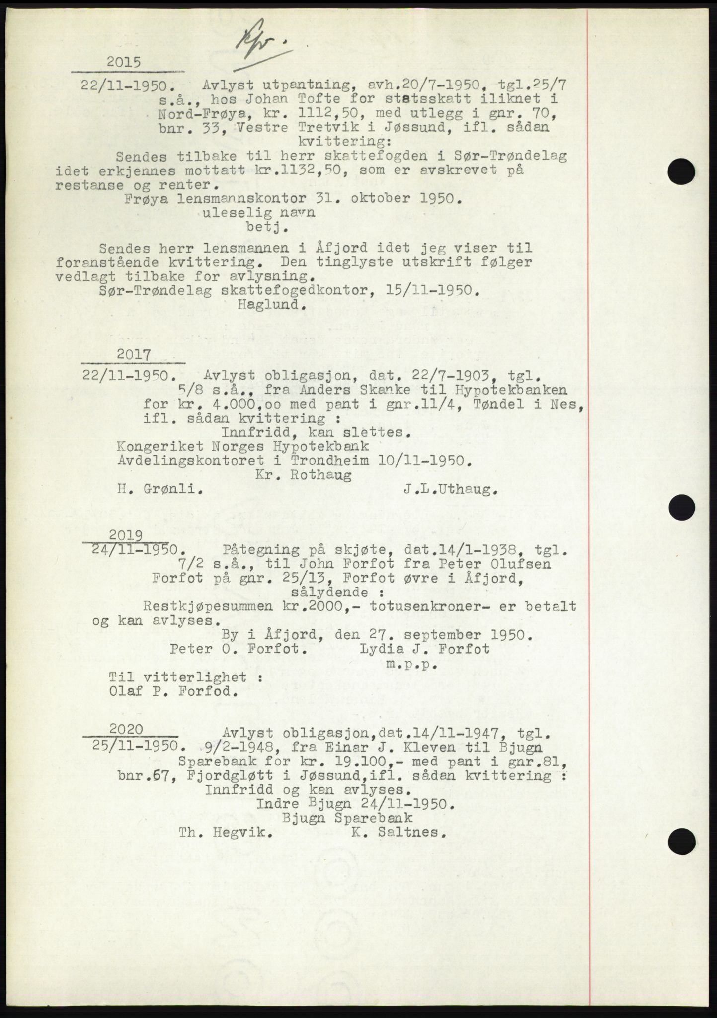 Fosen sorenskriveri, AV/SAT-A-1107/1/2/2C: Pantebok nr. B3, 1948-1950, Dagboknr: 2015/1950