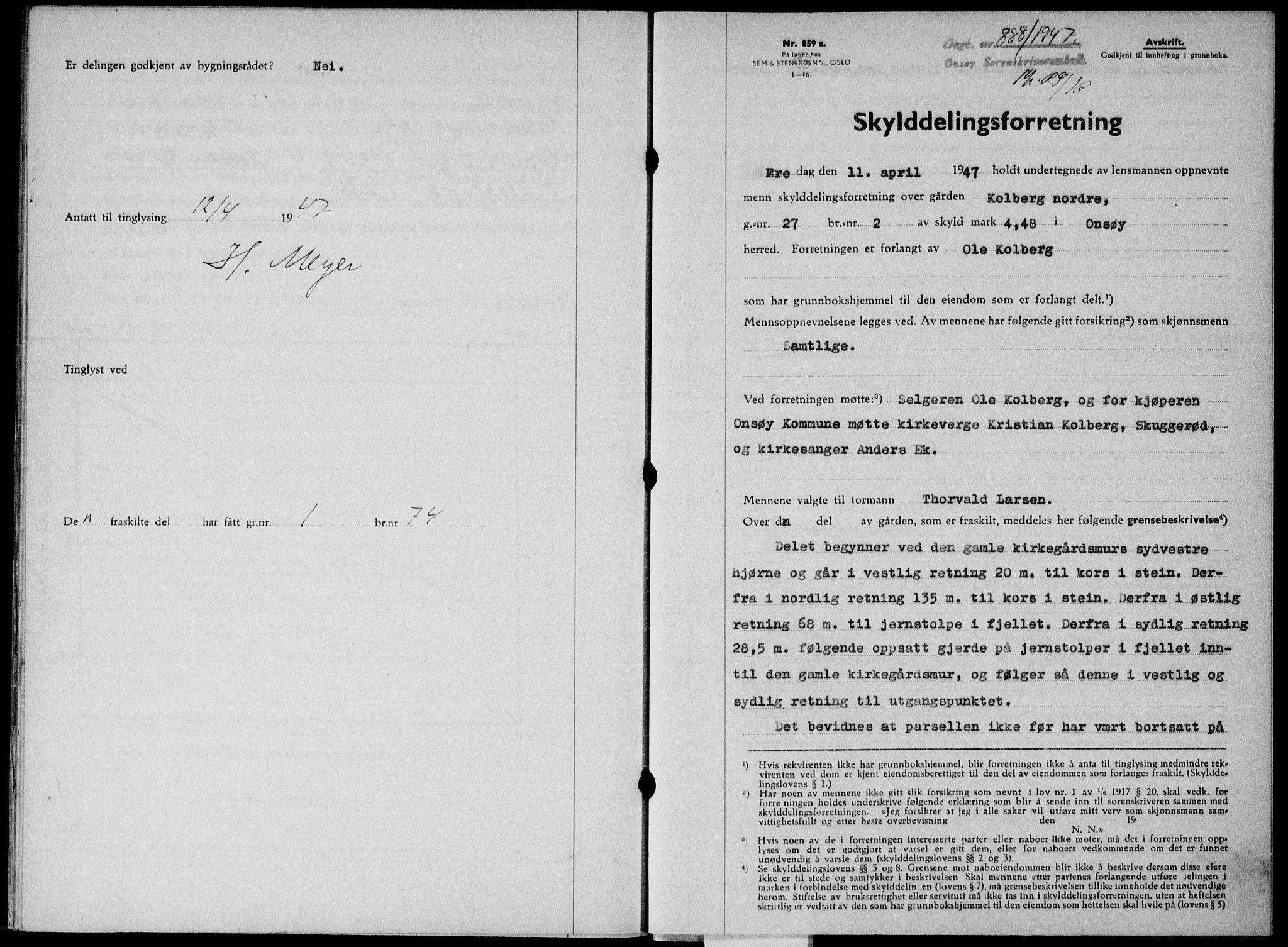 Onsøy sorenskriveri, SAO/A-10474/G/Ga/Gab/L0019a: Pantebok nr. II A-19, 1947-1947, Dagboknr: 888/1947