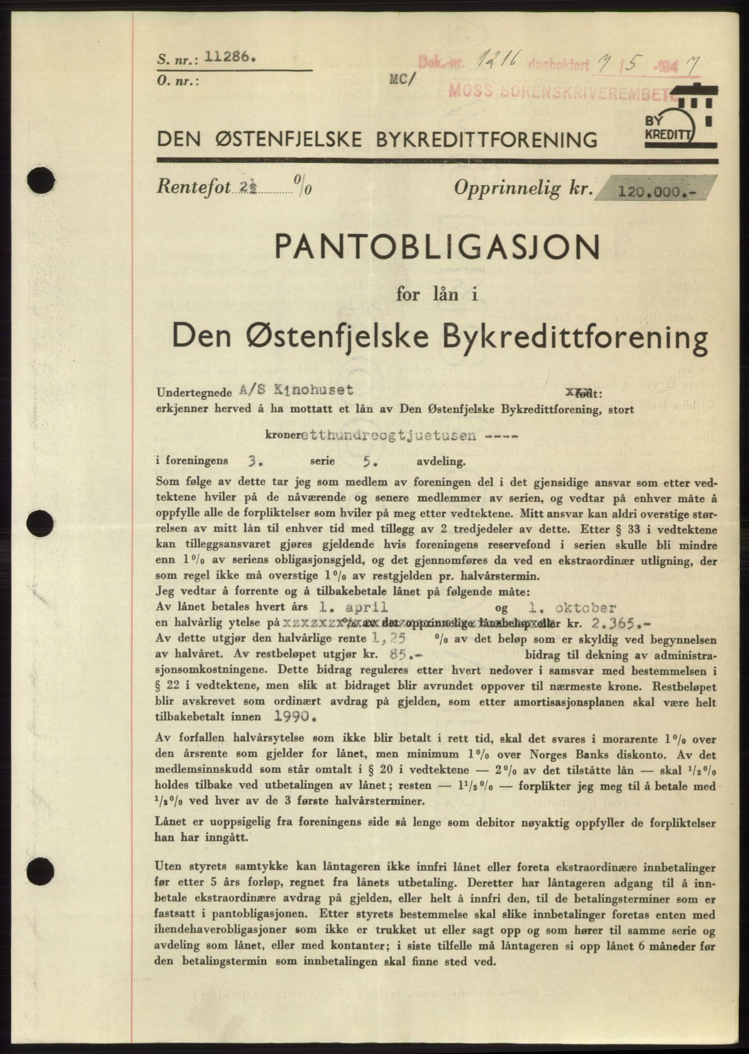 Moss sorenskriveri, SAO/A-10168: Pantebok nr. B17, 1947-1947, Dagboknr: 1216/1947