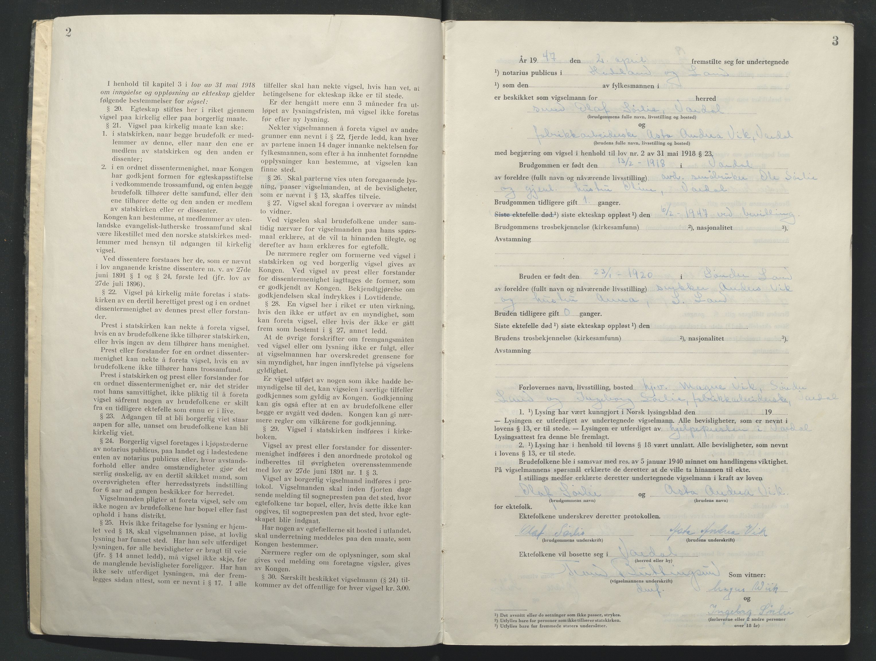 Hadeland og Land tingrett, AV/SAH-TING-010/L/Lb/L0004: Vigselbok, 1947-1969, s. 2-3
