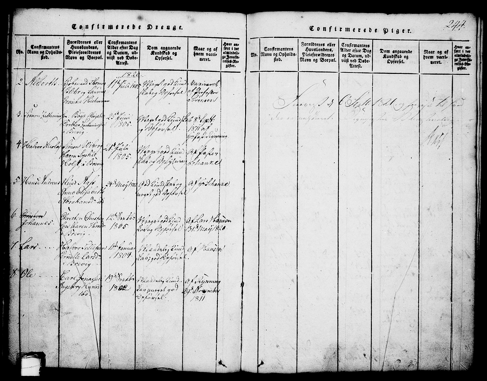Brevik kirkebøker, AV/SAKO-A-255/G/Ga/L0001: Klokkerbok nr. 1, 1814-1845, s. 244