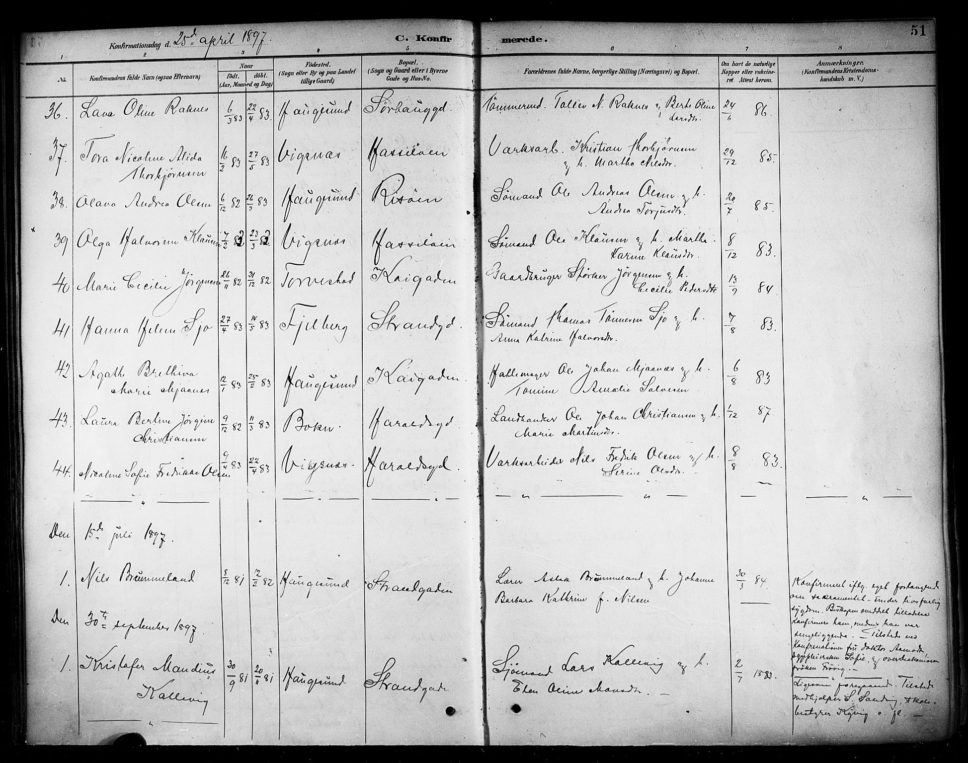 Haugesund sokneprestkontor, AV/SAST-A -101863/H/Ha/Haa/L0005: Ministerialbok nr. A 5, 1891-1903, s. 51