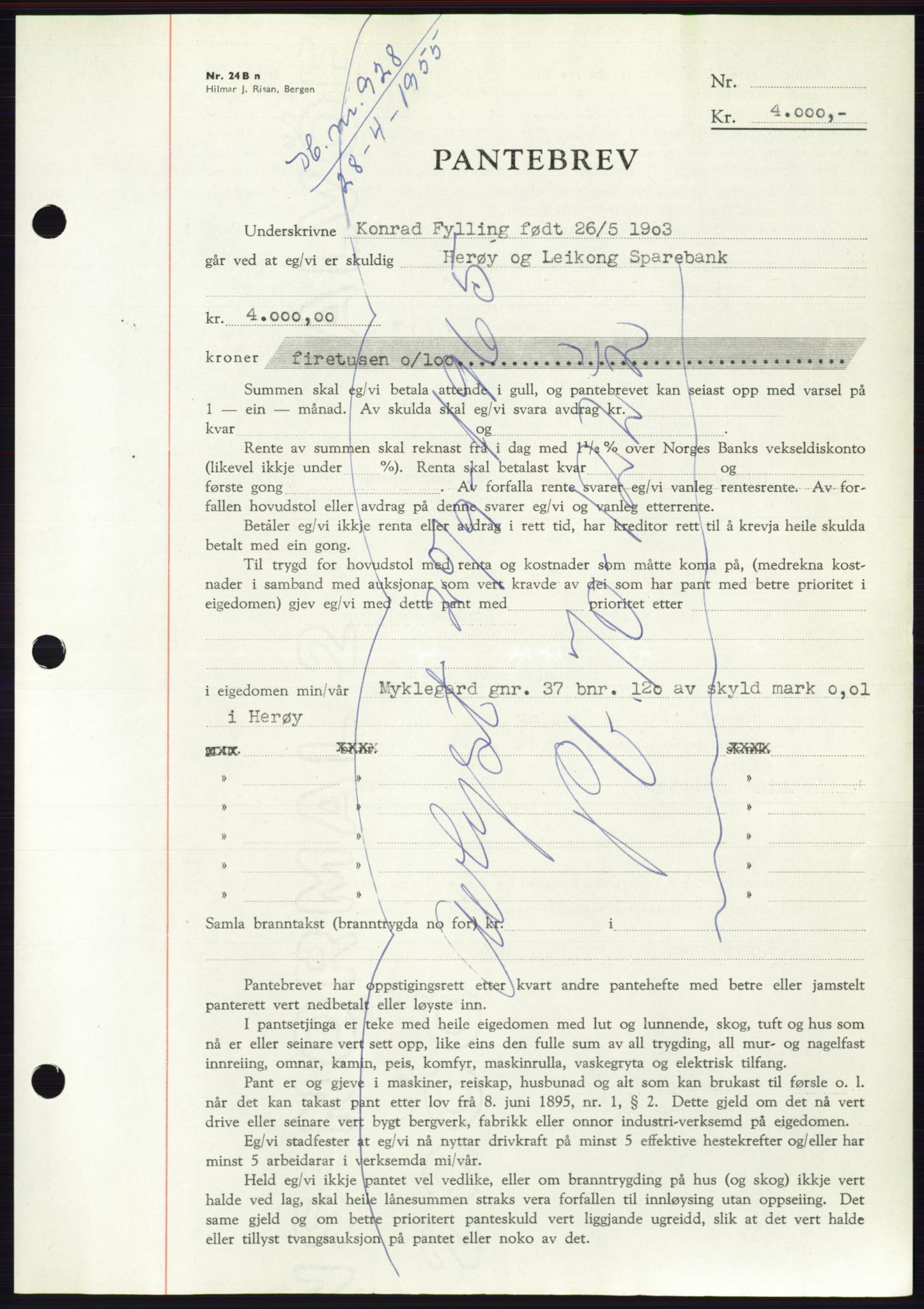 Søre Sunnmøre sorenskriveri, AV/SAT-A-4122/1/2/2C/L0126: Pantebok nr. 14B, 1954-1955, Dagboknr: 928/1955