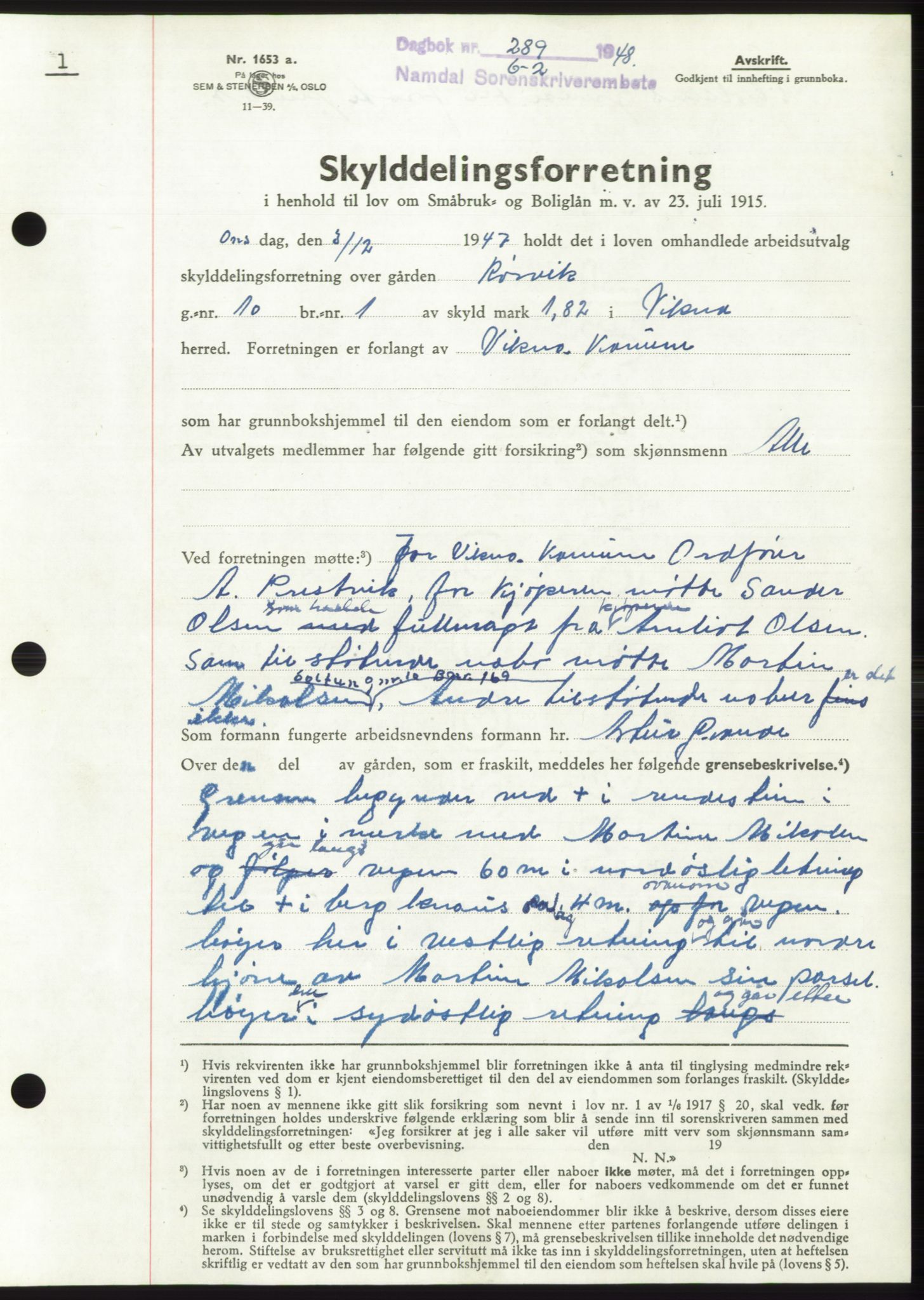 Namdal sorenskriveri, SAT/A-4133/1/2/2C: Pantebok nr. -, 1947-1948, Dagboknr: 289/1948