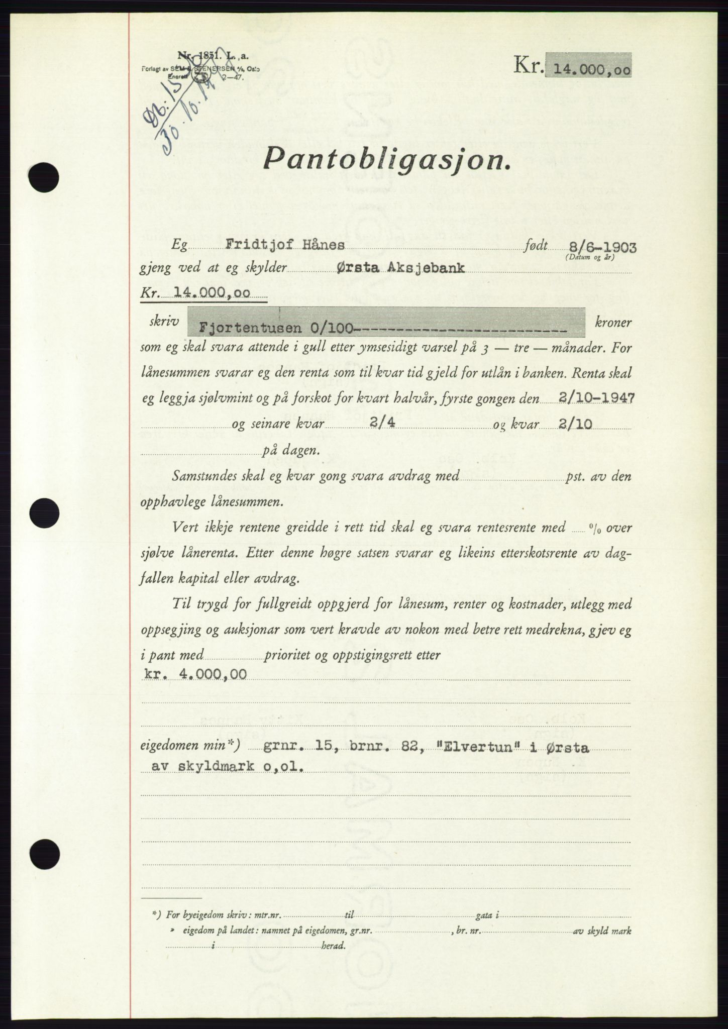 Søre Sunnmøre sorenskriveri, AV/SAT-A-4122/1/2/2C/L0115: Pantebok nr. 3B, 1947-1948, Dagboknr: 1536/1947