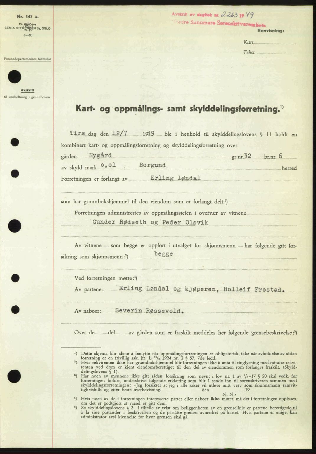 Nordre Sunnmøre sorenskriveri, SAT/A-0006/1/2/2C/2Ca: Pantebok nr. A32, 1949-1949, Dagboknr: 2263/1949