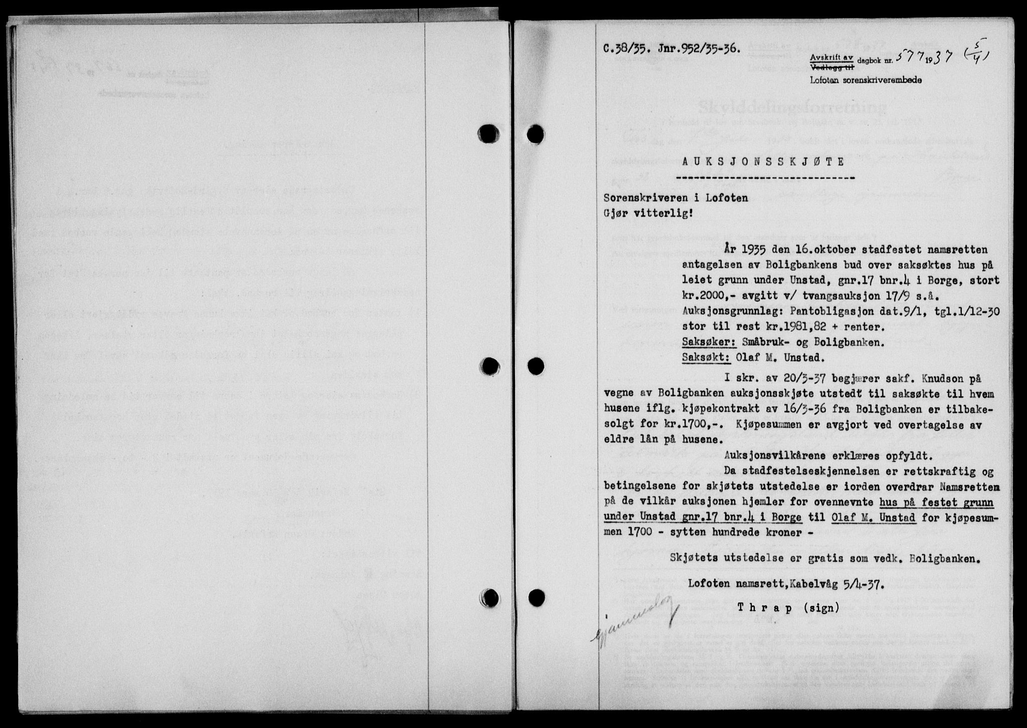 Lofoten sorenskriveri, SAT/A-0017/1/2/2C/L0002a: Pantebok nr. 2a, 1937-1937, Dagboknr: 577/1937