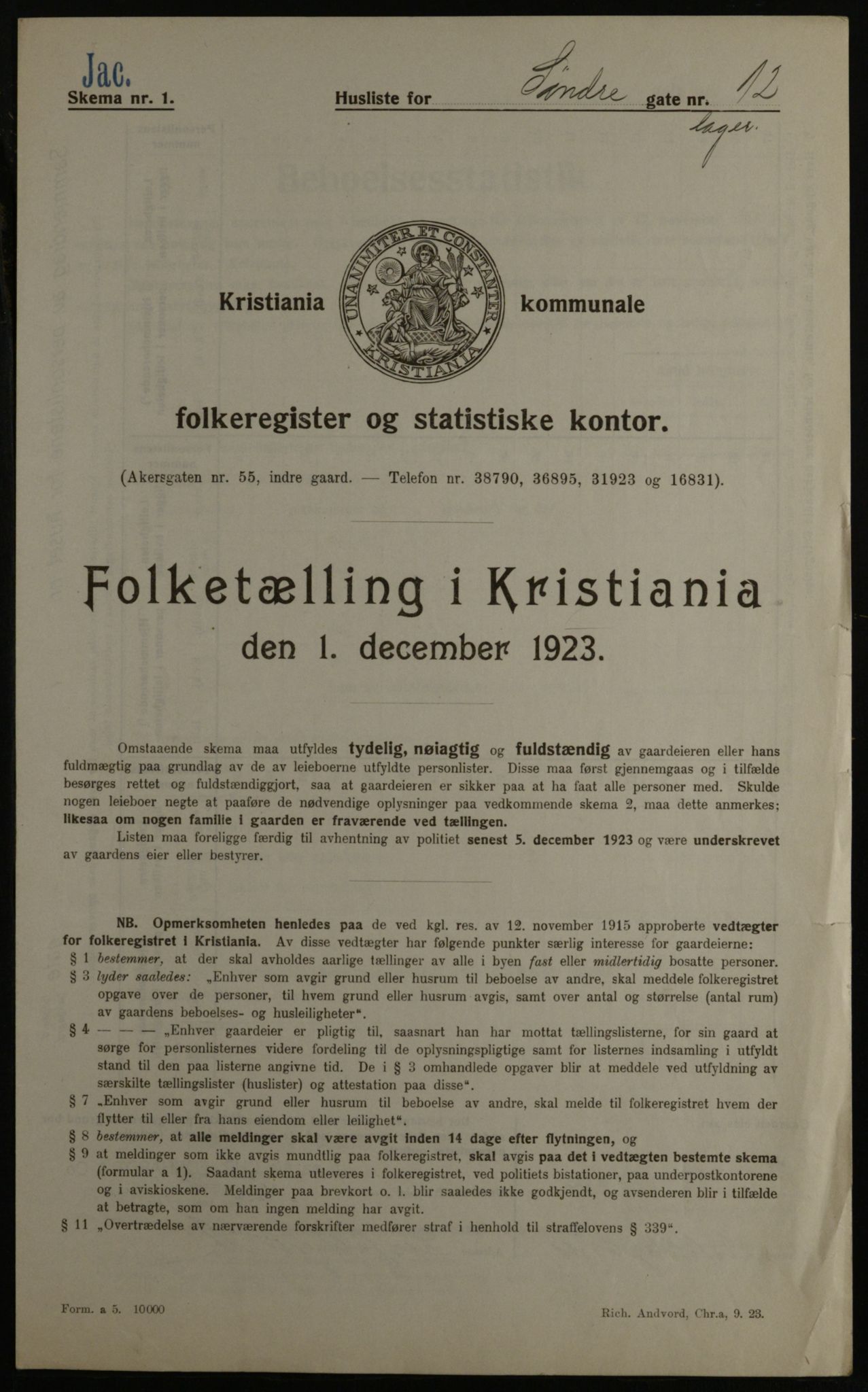 OBA, Kommunal folketelling 1.12.1923 for Kristiania, 1923, s. 117828