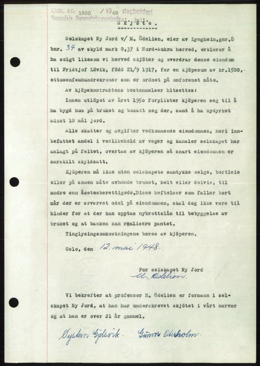 Romsdal sorenskriveri, SAT/A-4149/1/2/2C: Pantebok nr. A26, 1948-1948, Dagboknr: 1850/1948