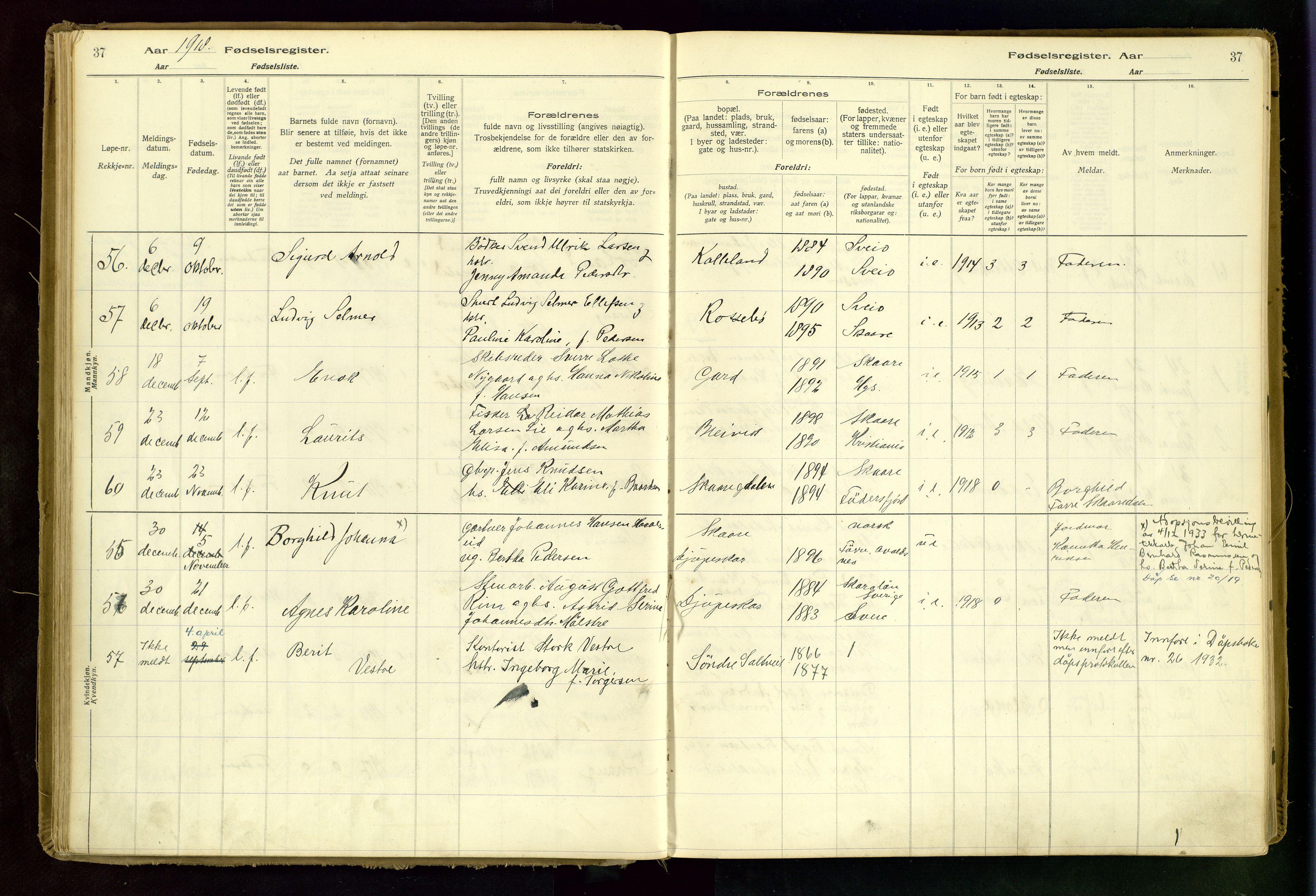 Haugesund sokneprestkontor, AV/SAST-A -101863/I/Id/L0001: Fødselsregister nr. 1, 1916-1935, s. 37