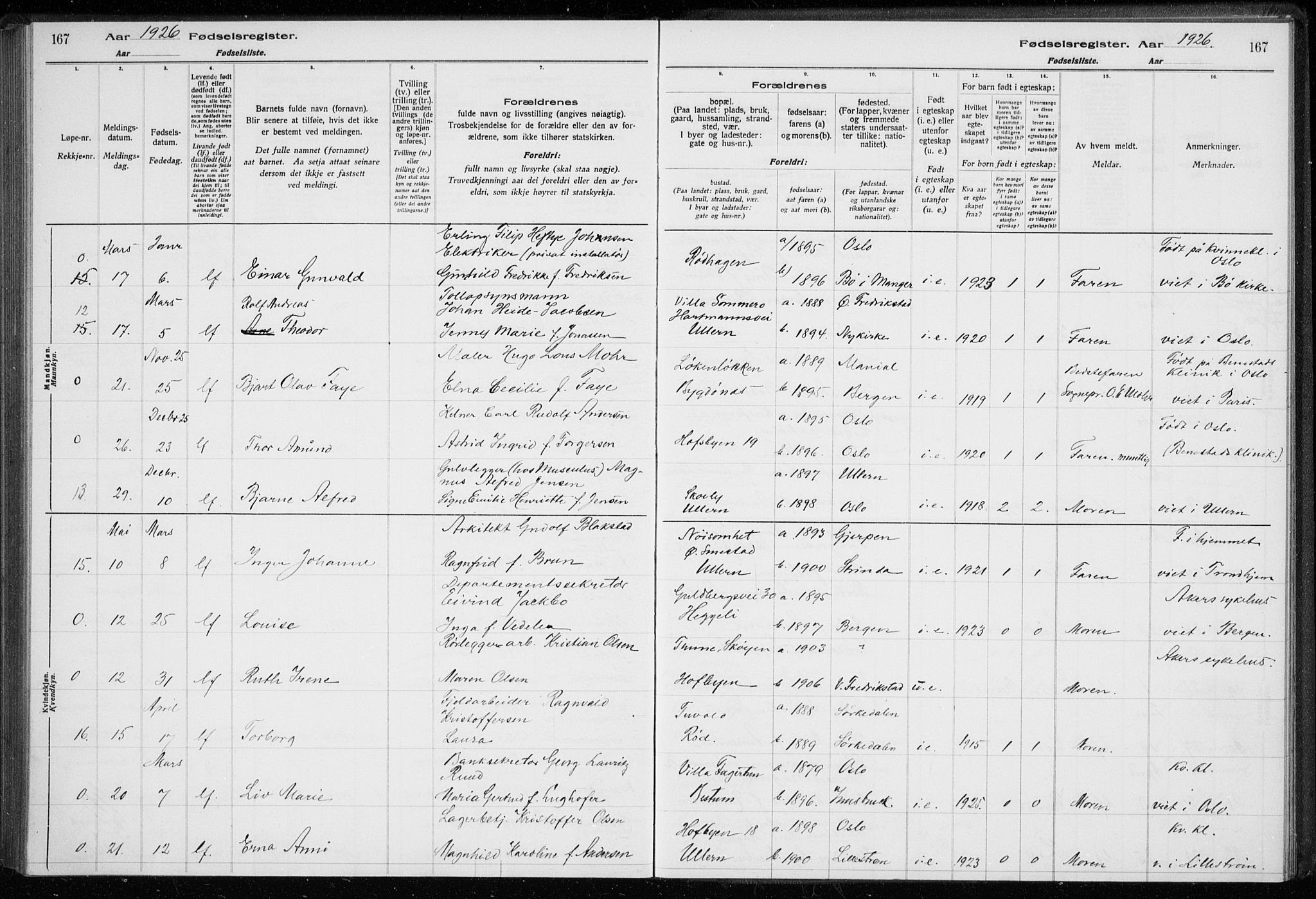 Ullern prestekontor Kirkebøker, SAO/A-10740/J/L0001: Fødselsregister nr. 1, 1916-1928, s. 167