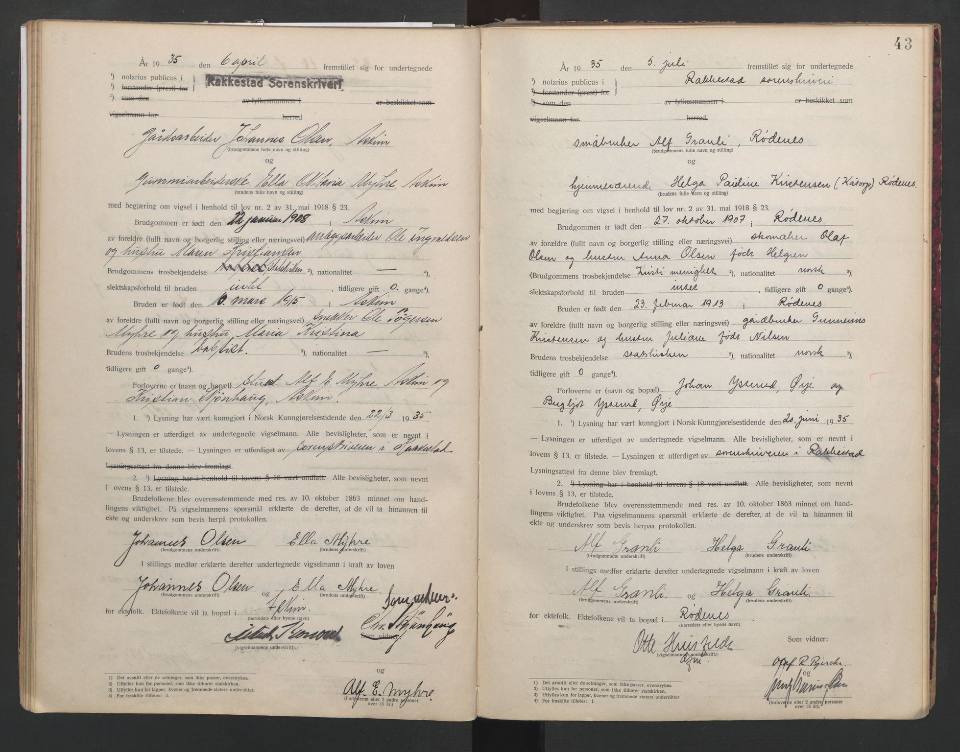 Rakkestad sorenskriveri, SAO/A-10686/L/Lc/Lca/L0001: Vigselbøker, 1920-1942, s. 43