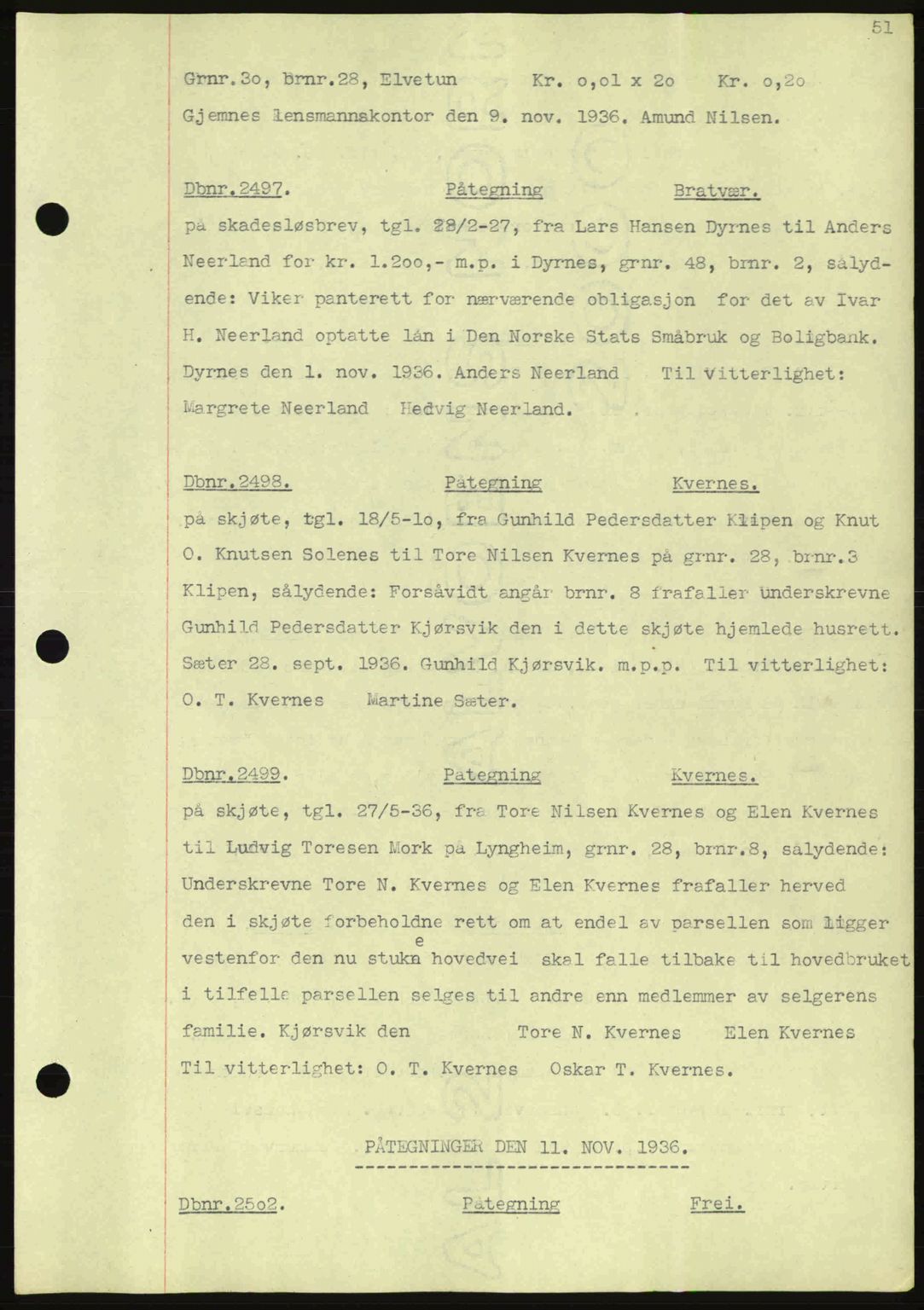 Nordmøre sorenskriveri, SAT/A-4132/1/2/2Ca: Pantebok nr. C80, 1936-1939, Dagboknr: 2497/1936