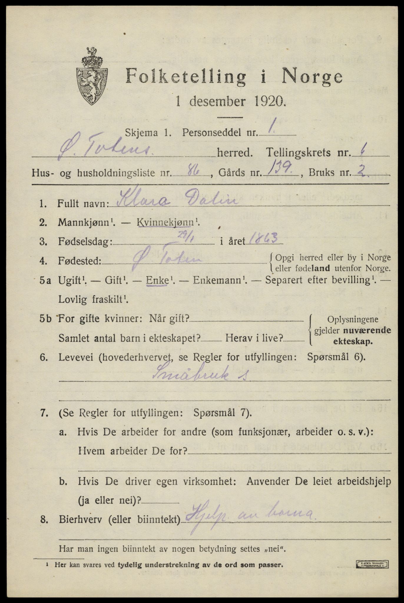 SAH, Folketelling 1920 for 0528 Østre Toten herred, 1920, s. 14144