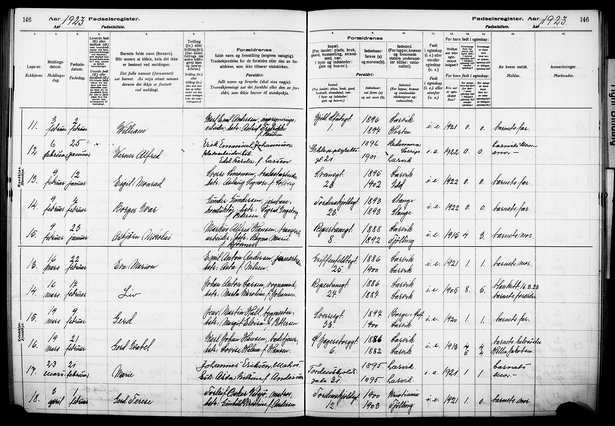 Larvik kirkebøker, AV/SAKO-A-352/J/Ja/L0001: Fødselsregister nr. I 1, 1916-1926, s. 146