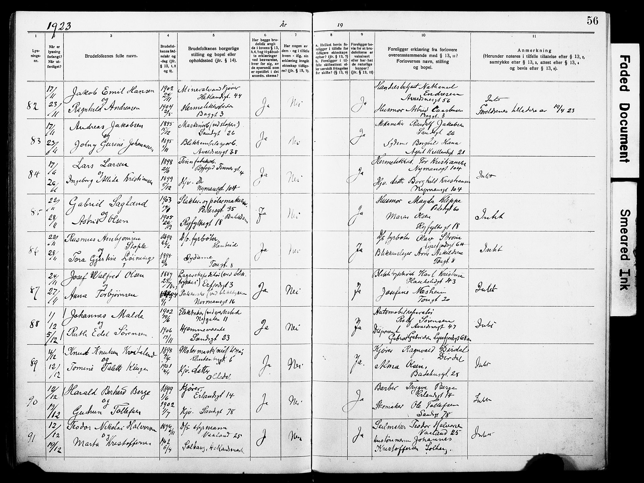 St. Johannes sokneprestkontor, AV/SAST-A-101814/001/70/705BA/L0004: Lysningsprotokoll nr. 4, 1919-1928, s. 56