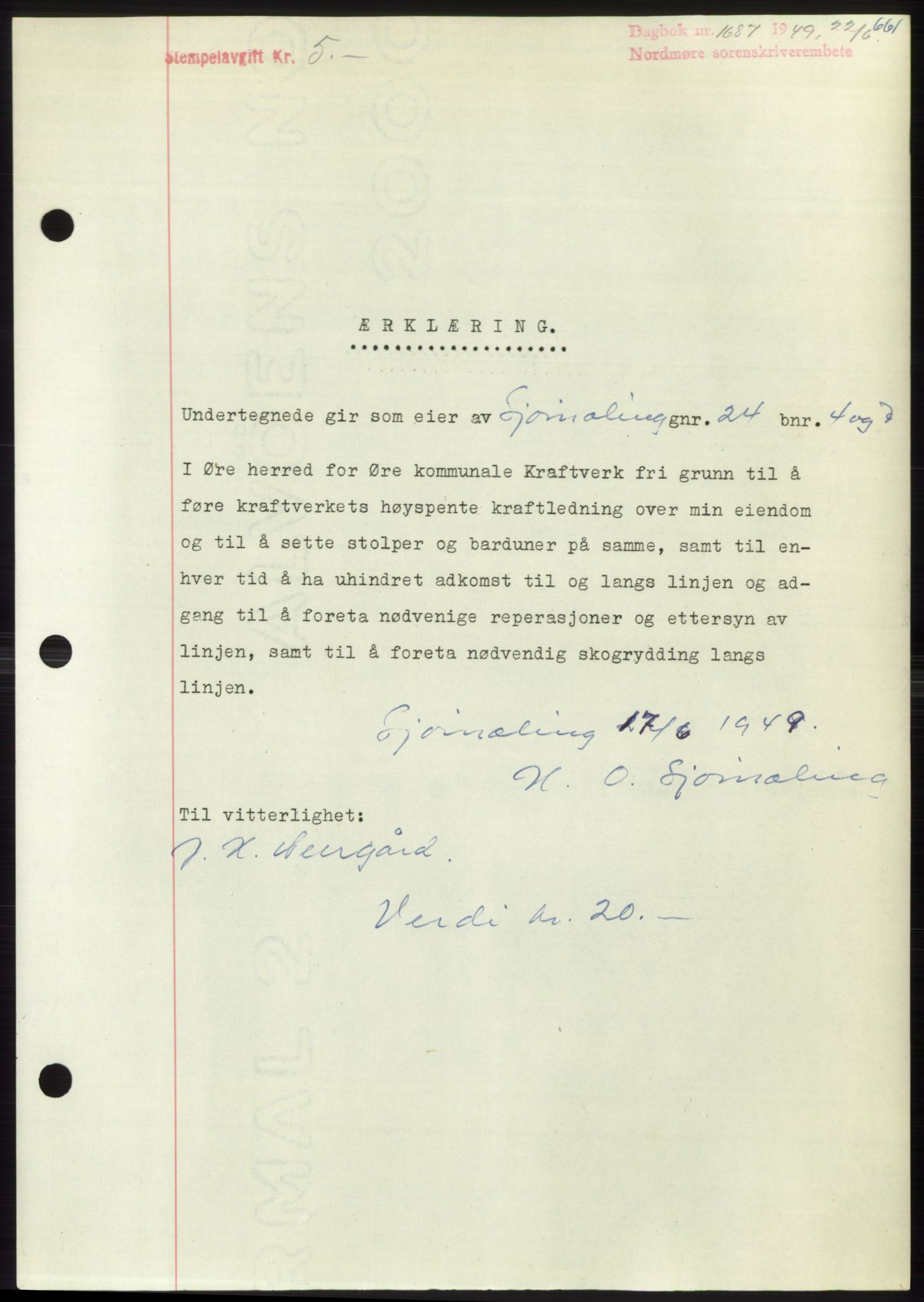 Nordmøre sorenskriveri, SAT/A-4132/1/2/2Ca: Pantebok nr. B101, 1949-1949, Dagboknr: 1687/1949