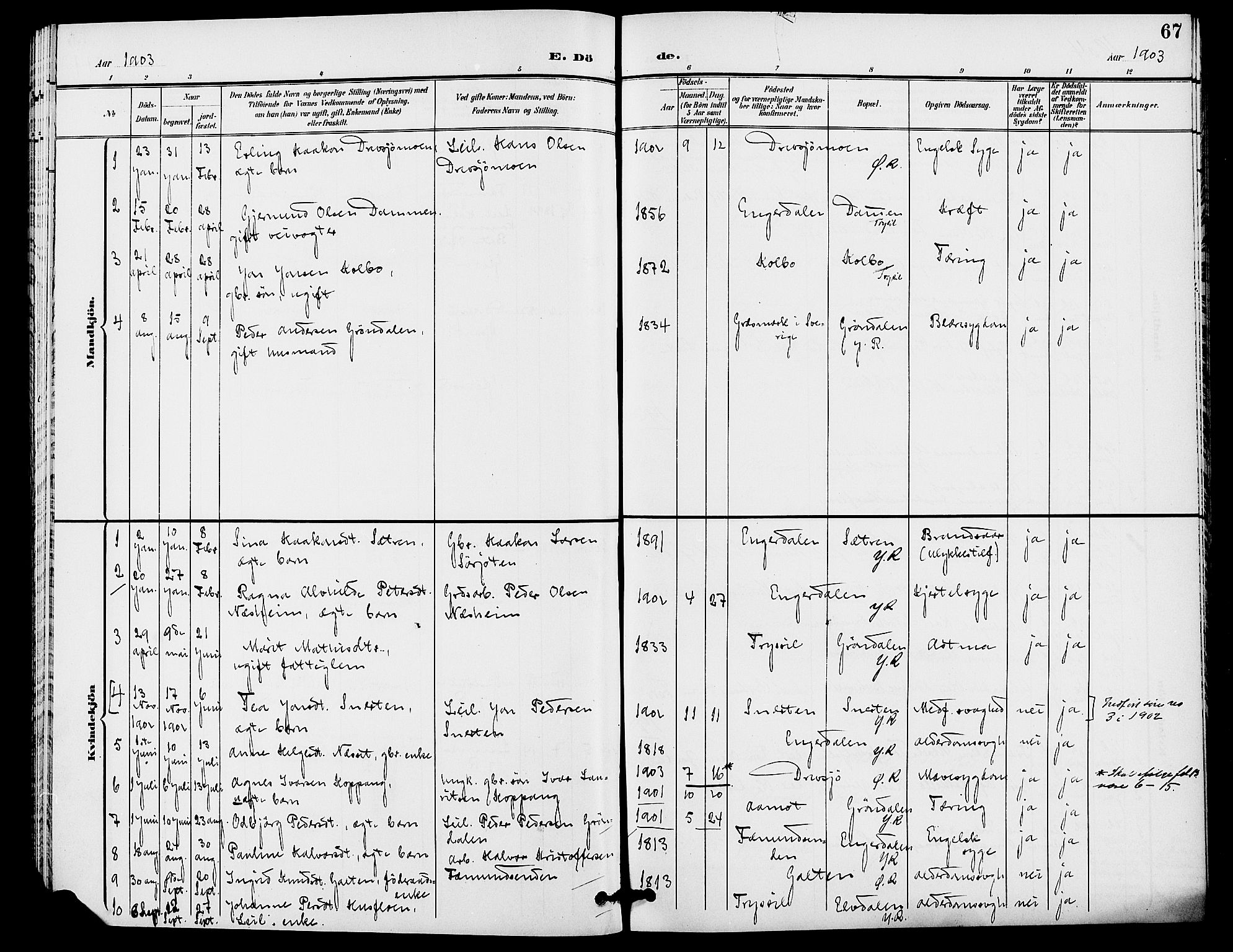 Rendalen prestekontor, SAH/PREST-054/H/Ha/Haa/L0008: Ministerialbok nr. 8, 1898-1910, s. 67