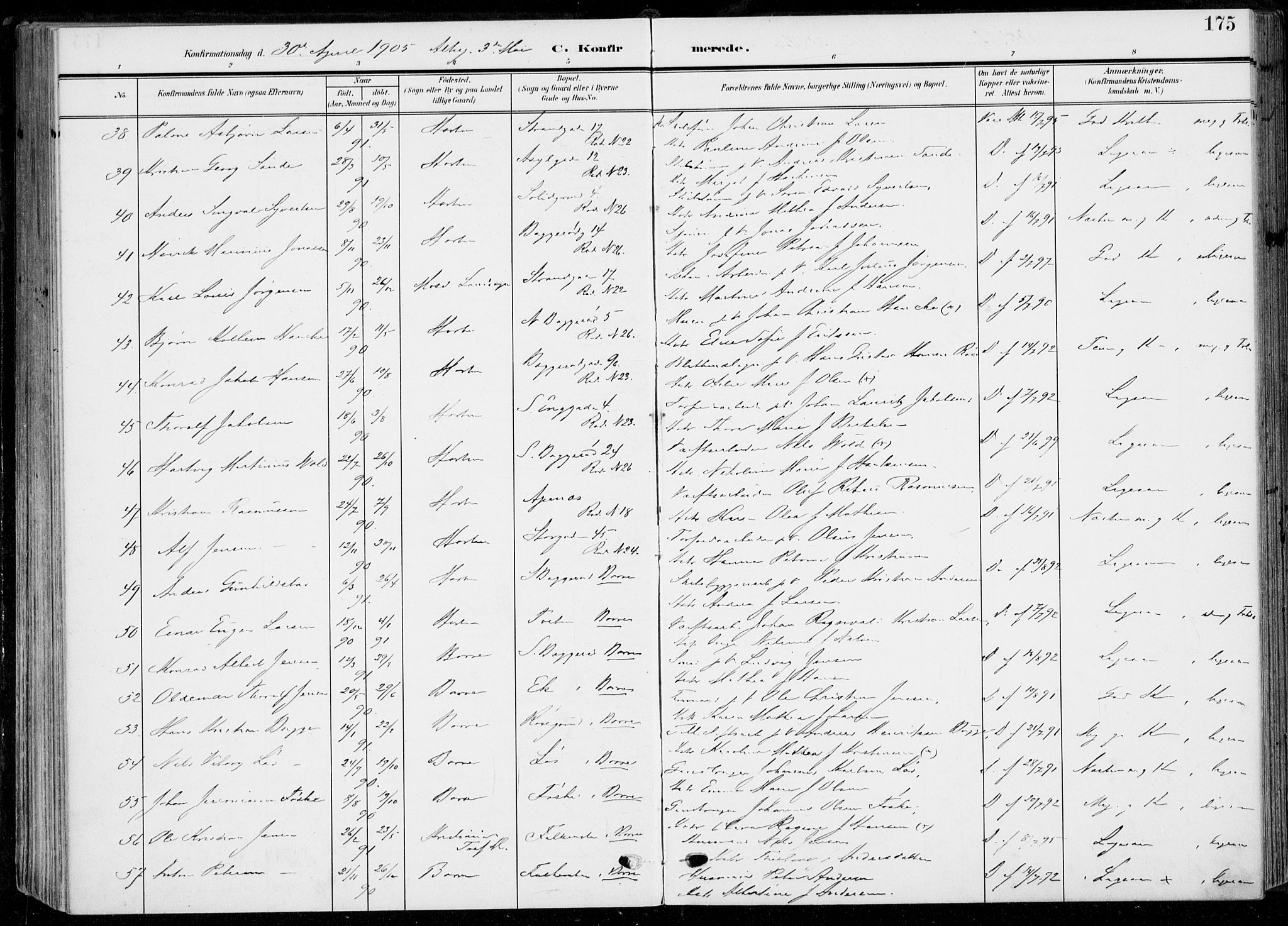 Horten kirkebøker, AV/SAKO-A-348/F/Fa/L0006: Ministerialbok nr. 6, 1905-1912, s. 175