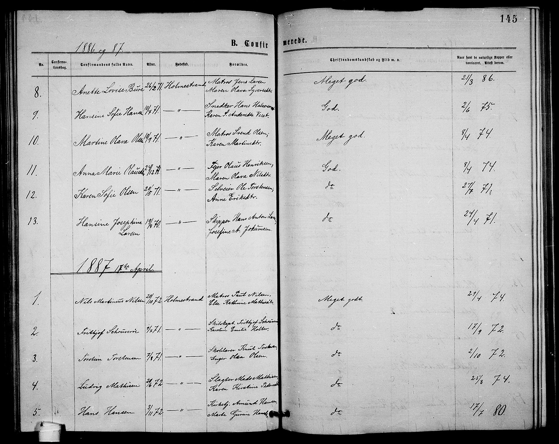 Holmestrand kirkebøker, AV/SAKO-A-346/G/Ga/L0004: Klokkerbok nr. 4, 1874-1888, s. 145