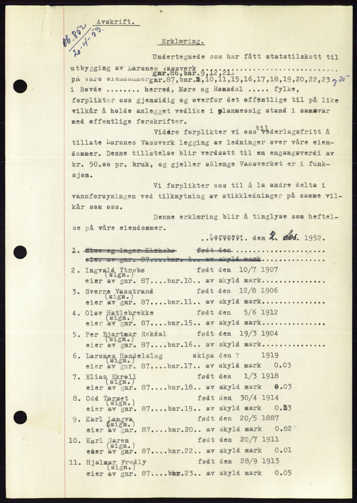 Søre Sunnmøre sorenskriveri, SAT/A-4122/1/2/2C/L0123: Pantebok nr. 11B, 1953-1953, Dagboknr: 852/1953