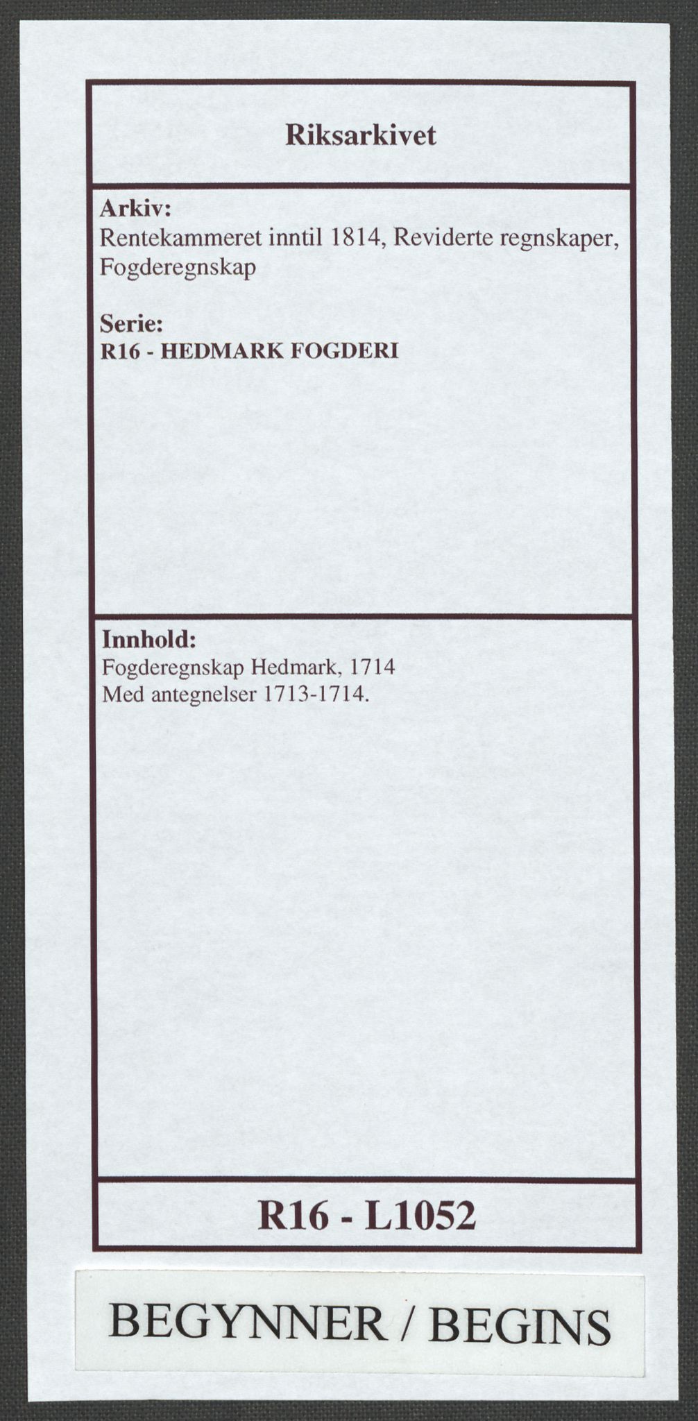 Rentekammeret inntil 1814, Reviderte regnskaper, Fogderegnskap, RA/EA-4092/R16/L1052: Fogderegnskap Hedmark, 1714, s. 1
