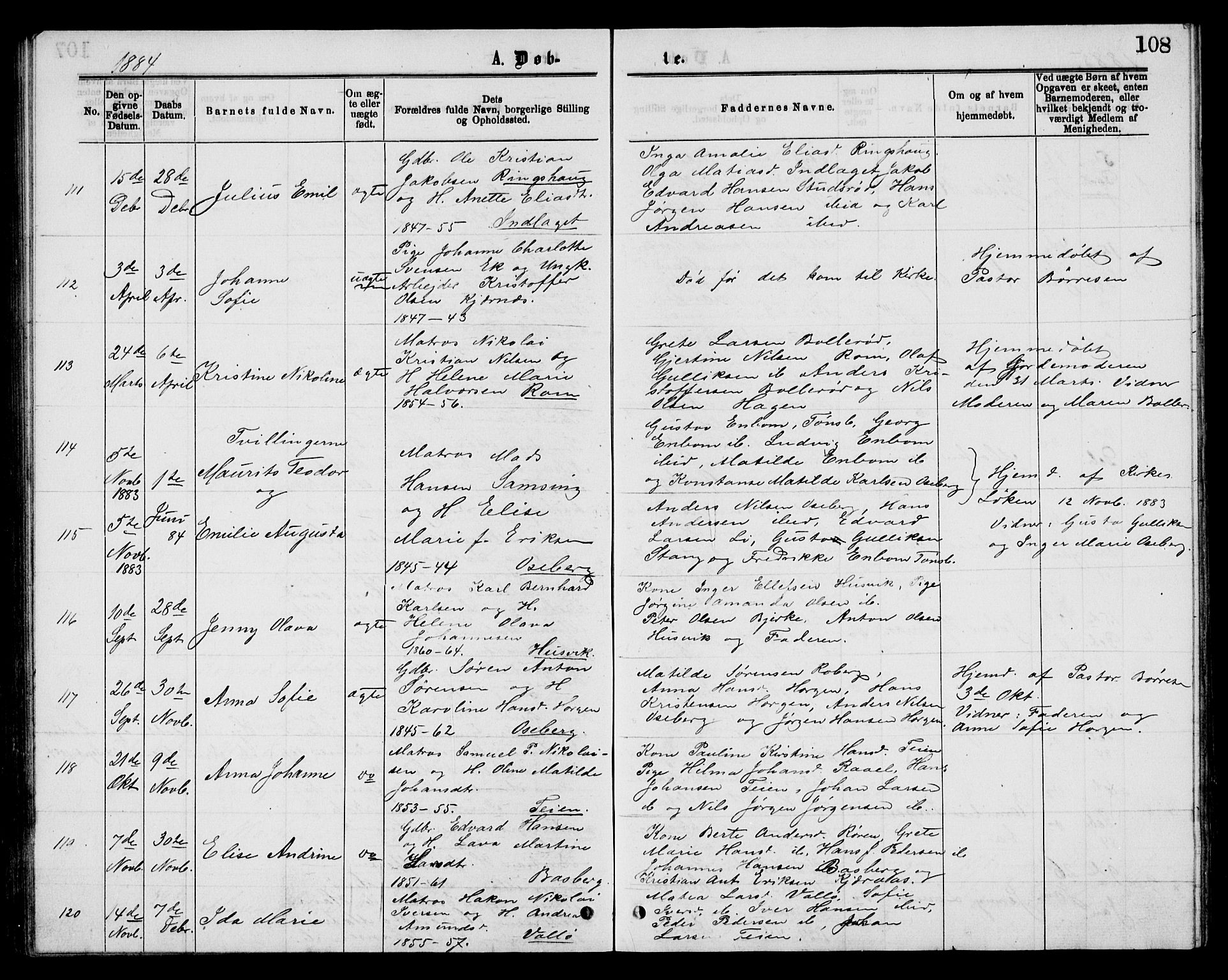 Sem kirkebøker, AV/SAKO-A-5/G/Gb/L0001: Klokkerbok nr. II 1, 1877-1885, s. 108