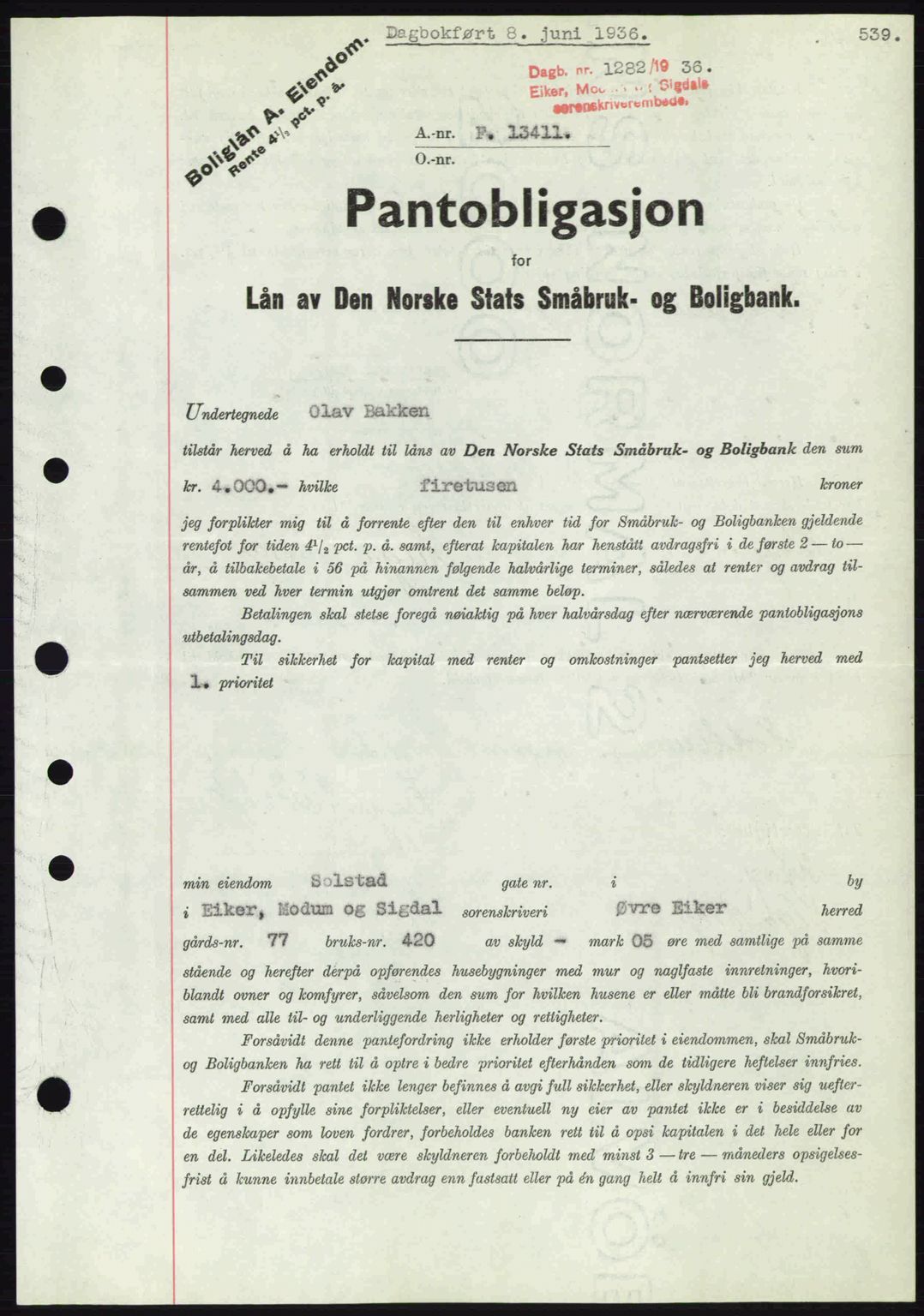 Eiker, Modum og Sigdal sorenskriveri, SAKO/A-123/G/Ga/Gab/L0032: Pantebok nr. A2, 1936-1936, Dagboknr: 1282/1936