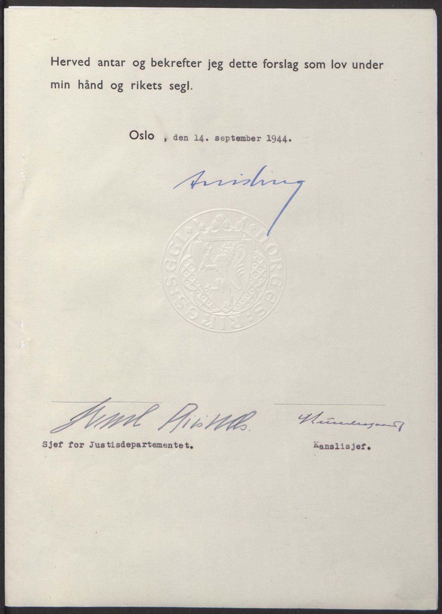 NS-administrasjonen 1940-1945 (Statsrådsekretariatet, de kommisariske statsråder mm), RA/S-4279/D/Db/L0100: Lover, 1944, s. 425